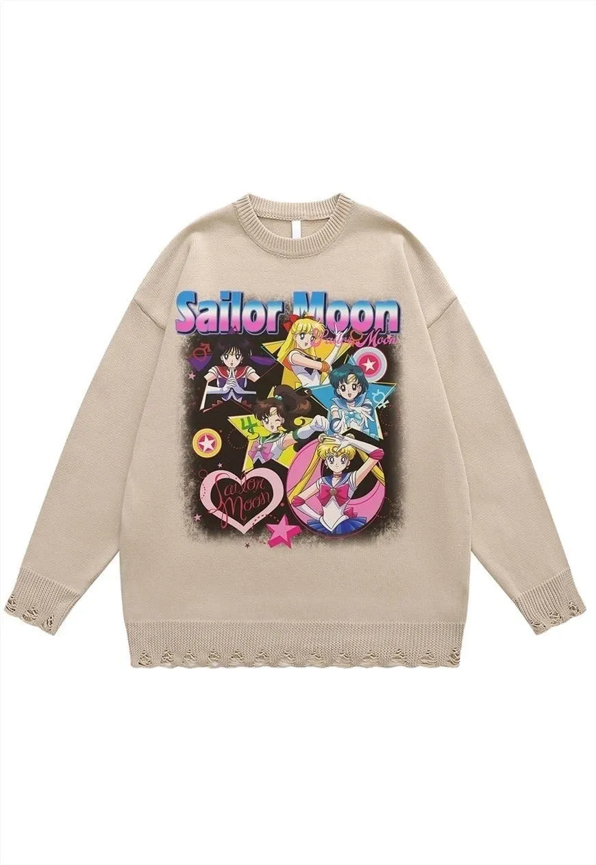 Anime sweater jumper ripped knitted top in grey
