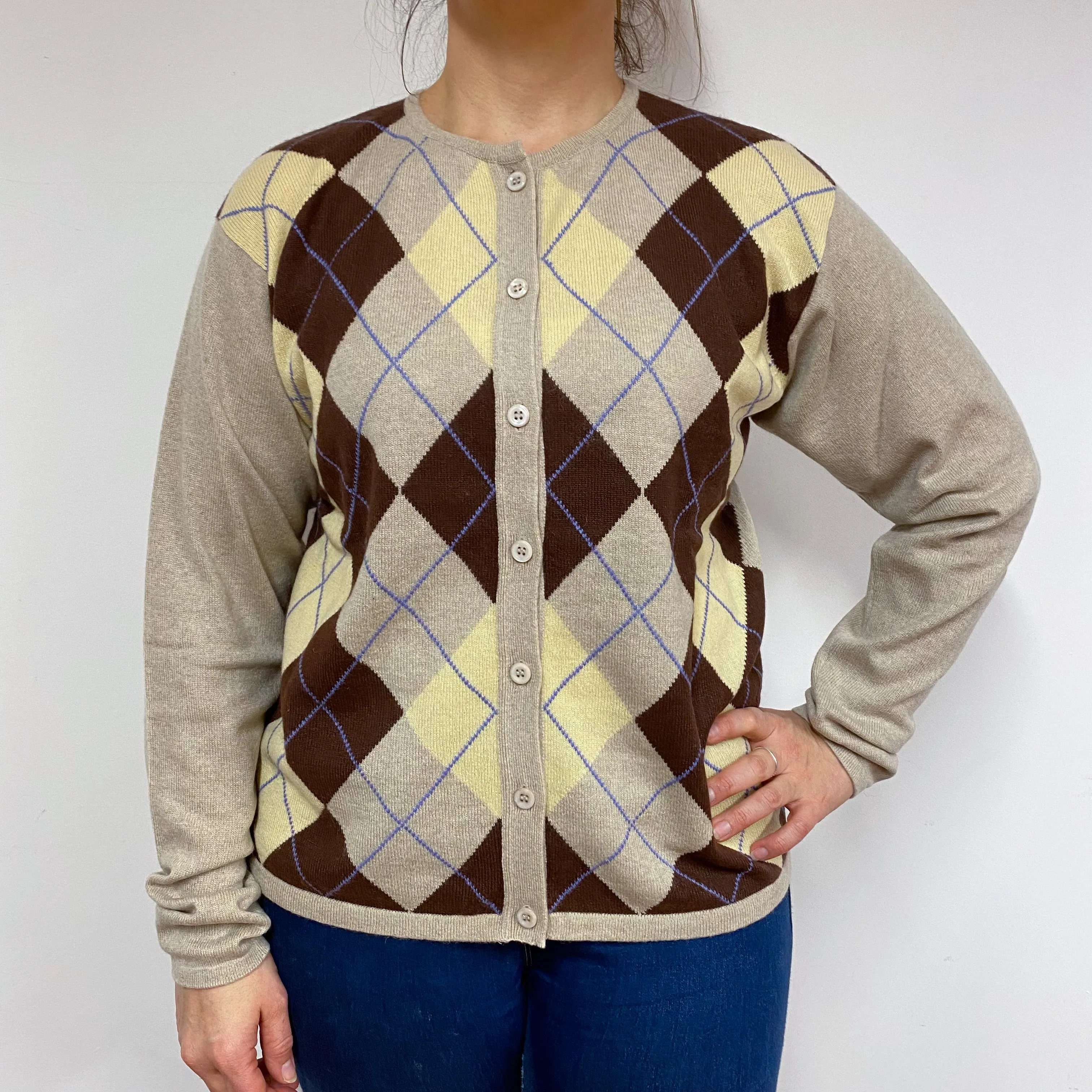 Argyle Diamond Crew Neck Cardigan Large