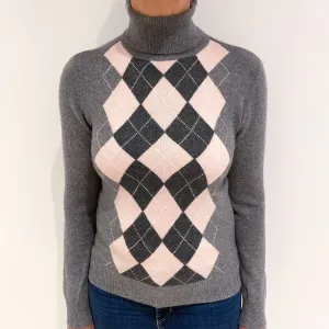 Ash Grey and Ice Pink Cashmere Polo Neck Jumper Medium
