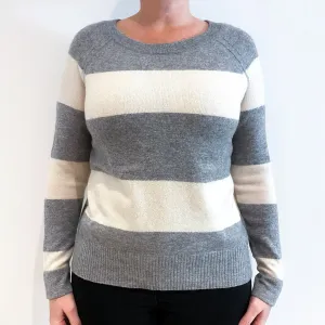 Ash Grey and Warm White Striped Cashmere Wide Crew Neck Jumper Large