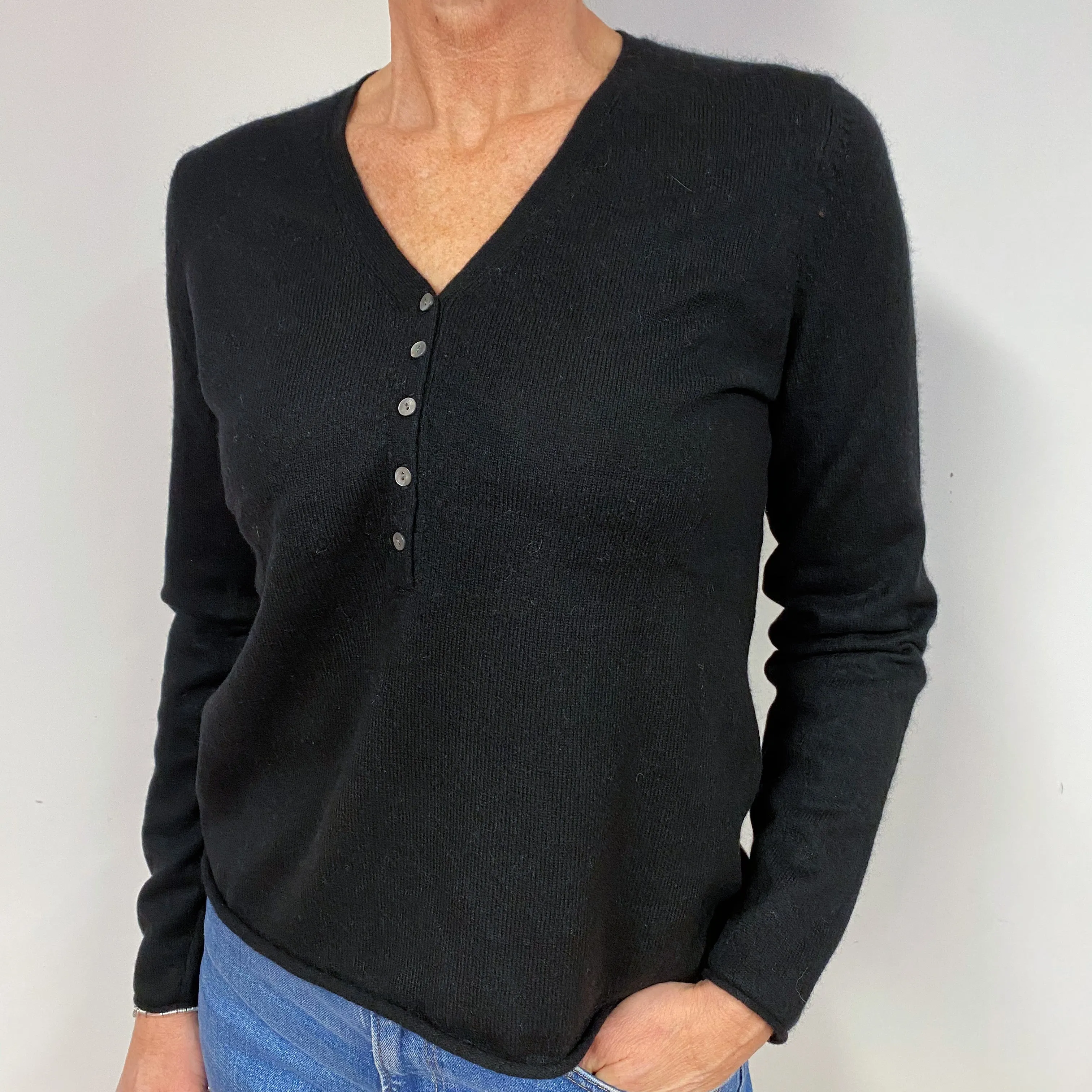 Black Buttoned Cashmere V-Neck Jumper Medium