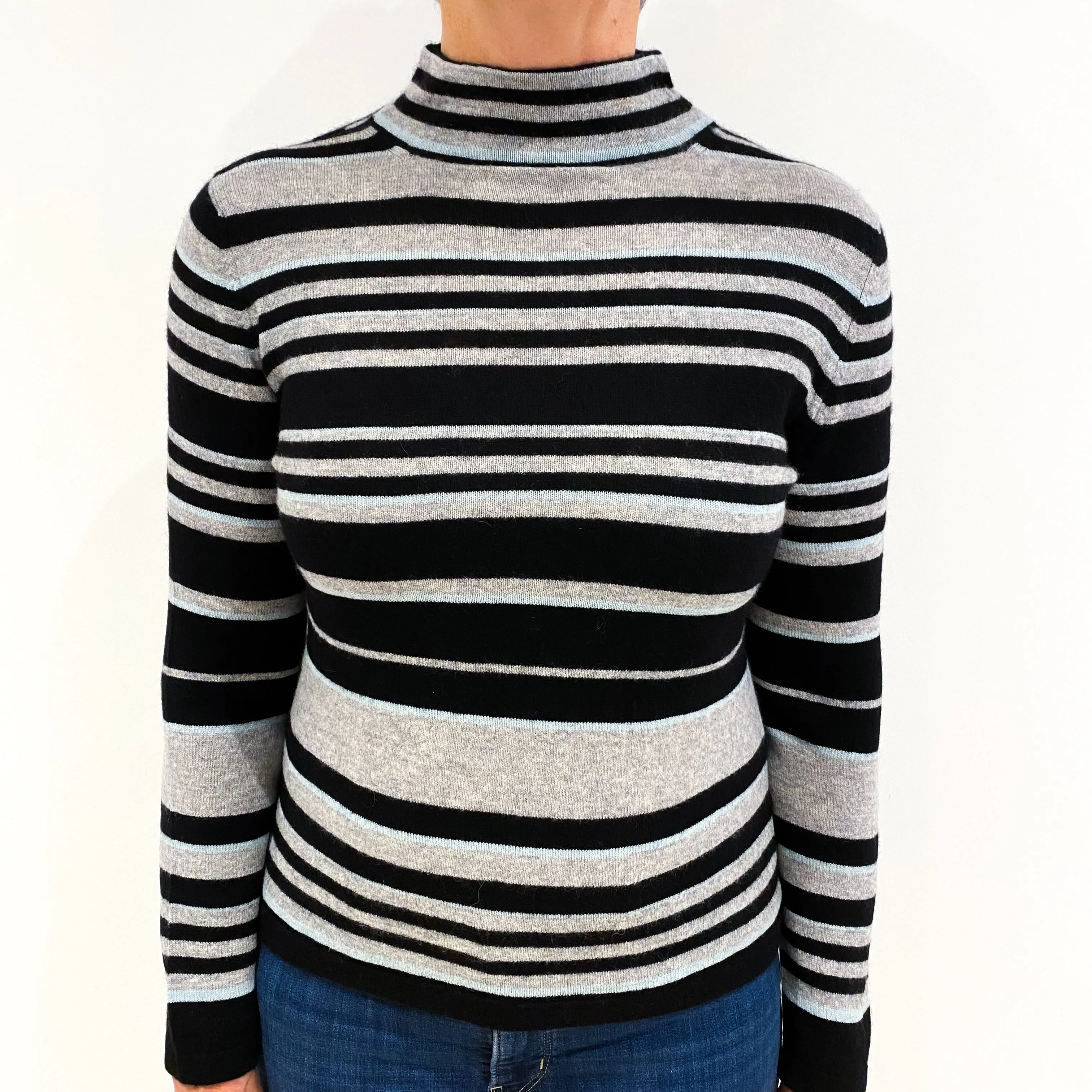 Black Grey and Mint Striped Cashmere Funnel Neck Jumper Medium