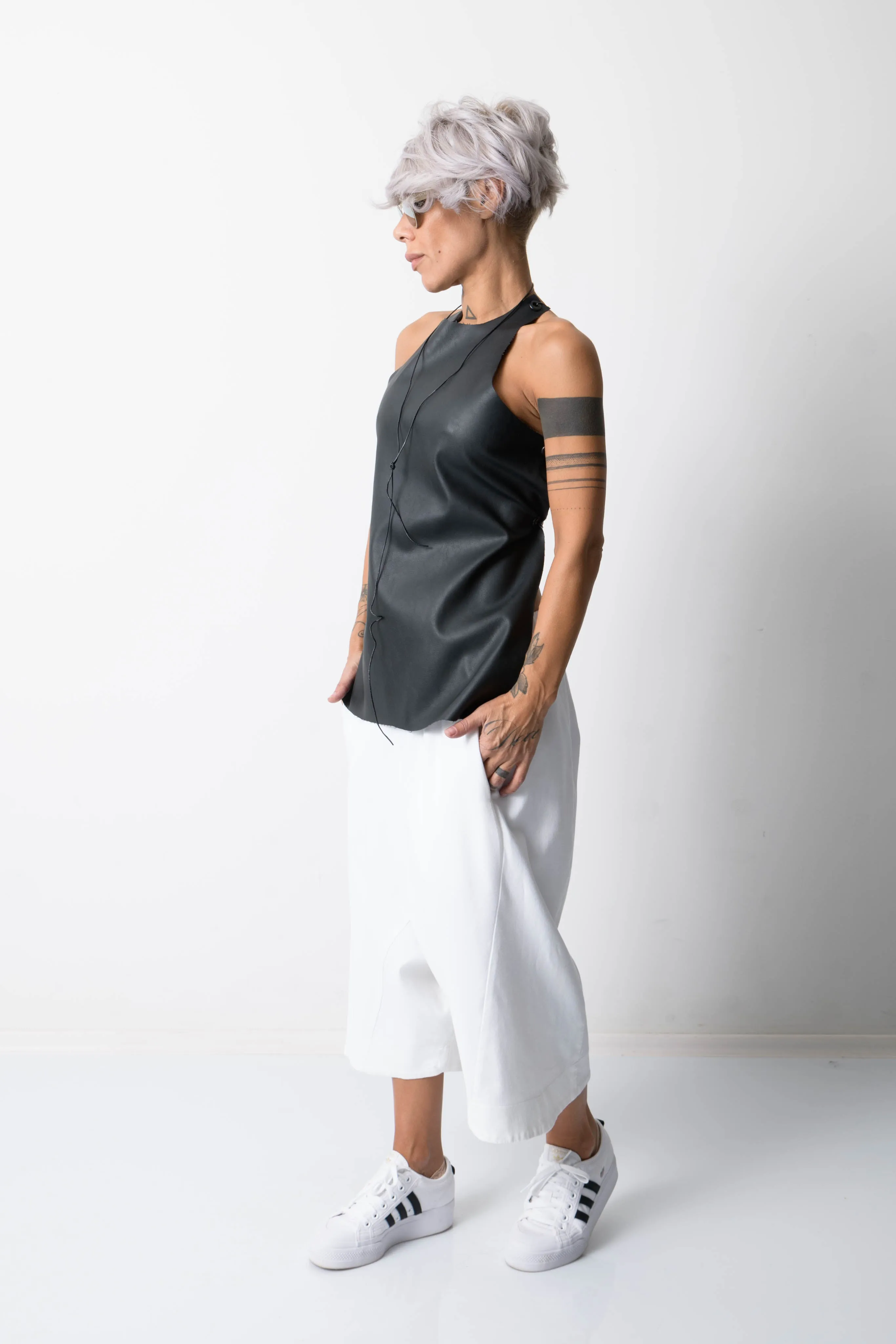 Black Open Back Leatherette Tank Top