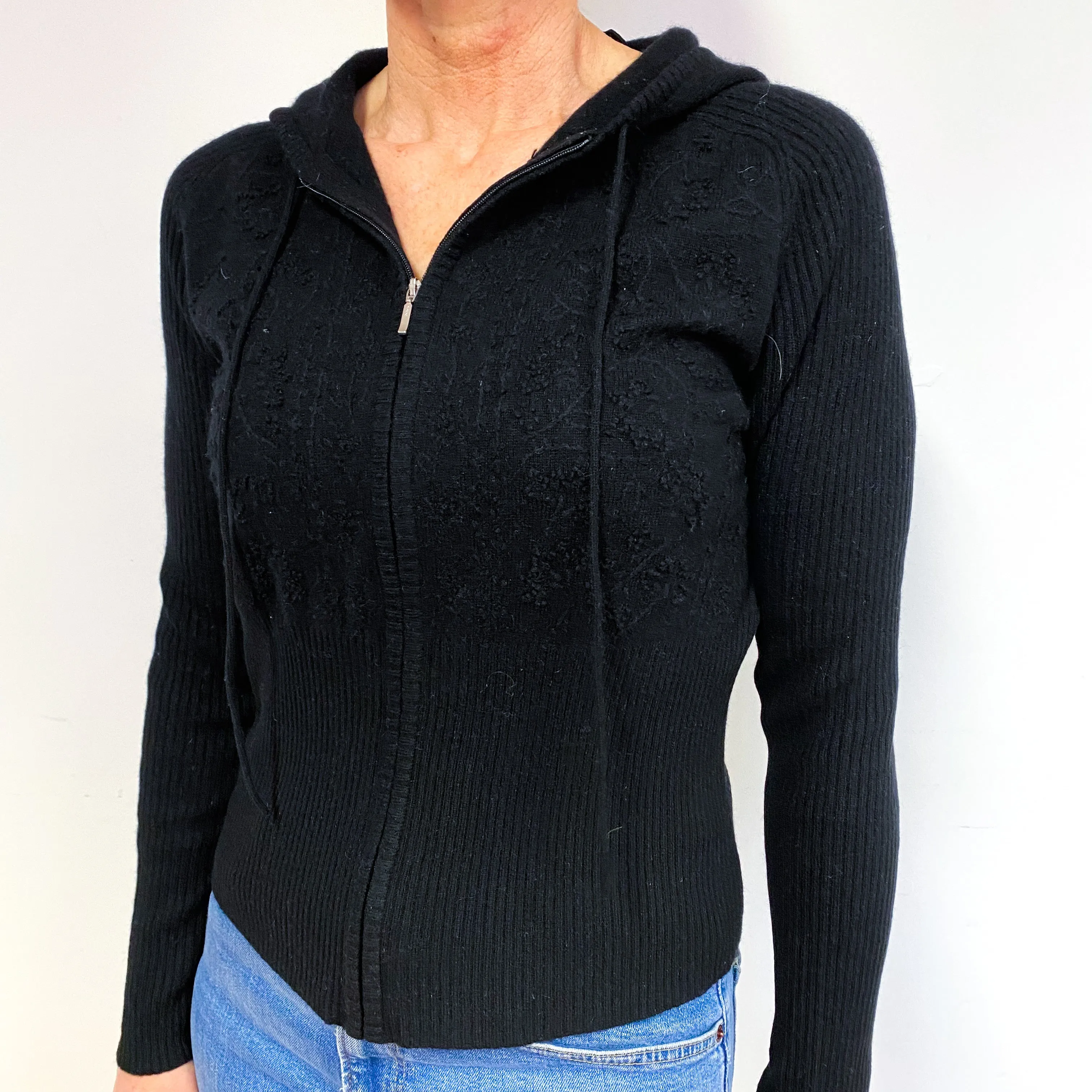 Black Patterned Cashmere Hoodie Cardigan Medium