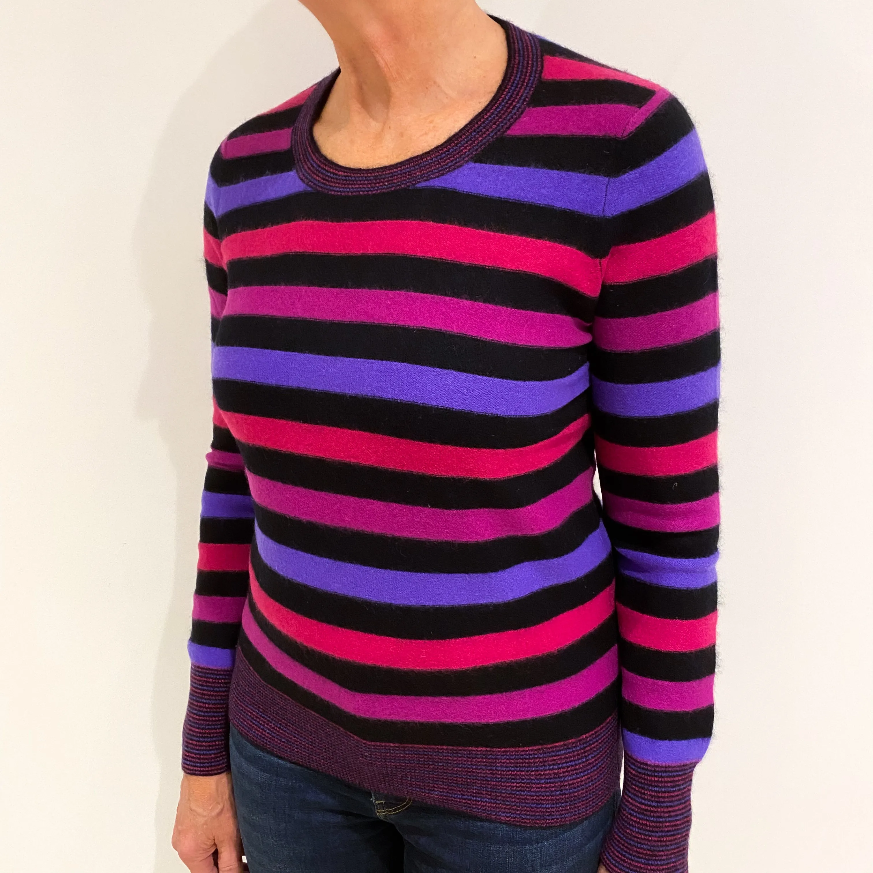 Black Pink Purple Stripe Cashmere Crew Neck Jumper Medium