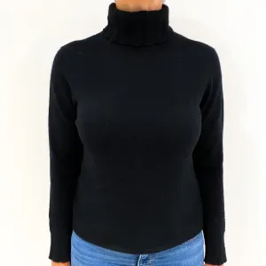 Black Rib Sleeve Cashmere Polo Neck Jumper Medium