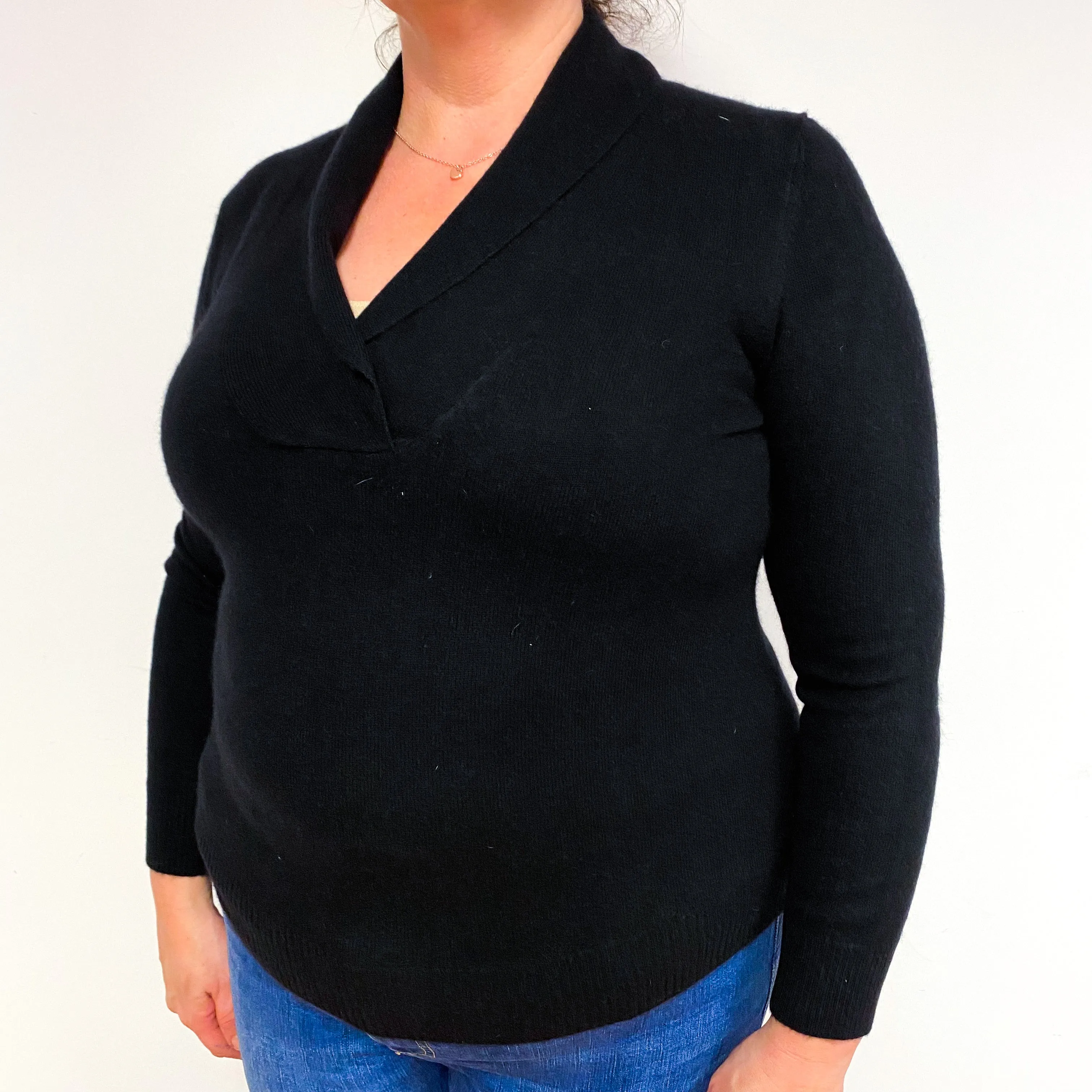 Black Shawl Collar Cashmere V-Neck Jumper Extra Large