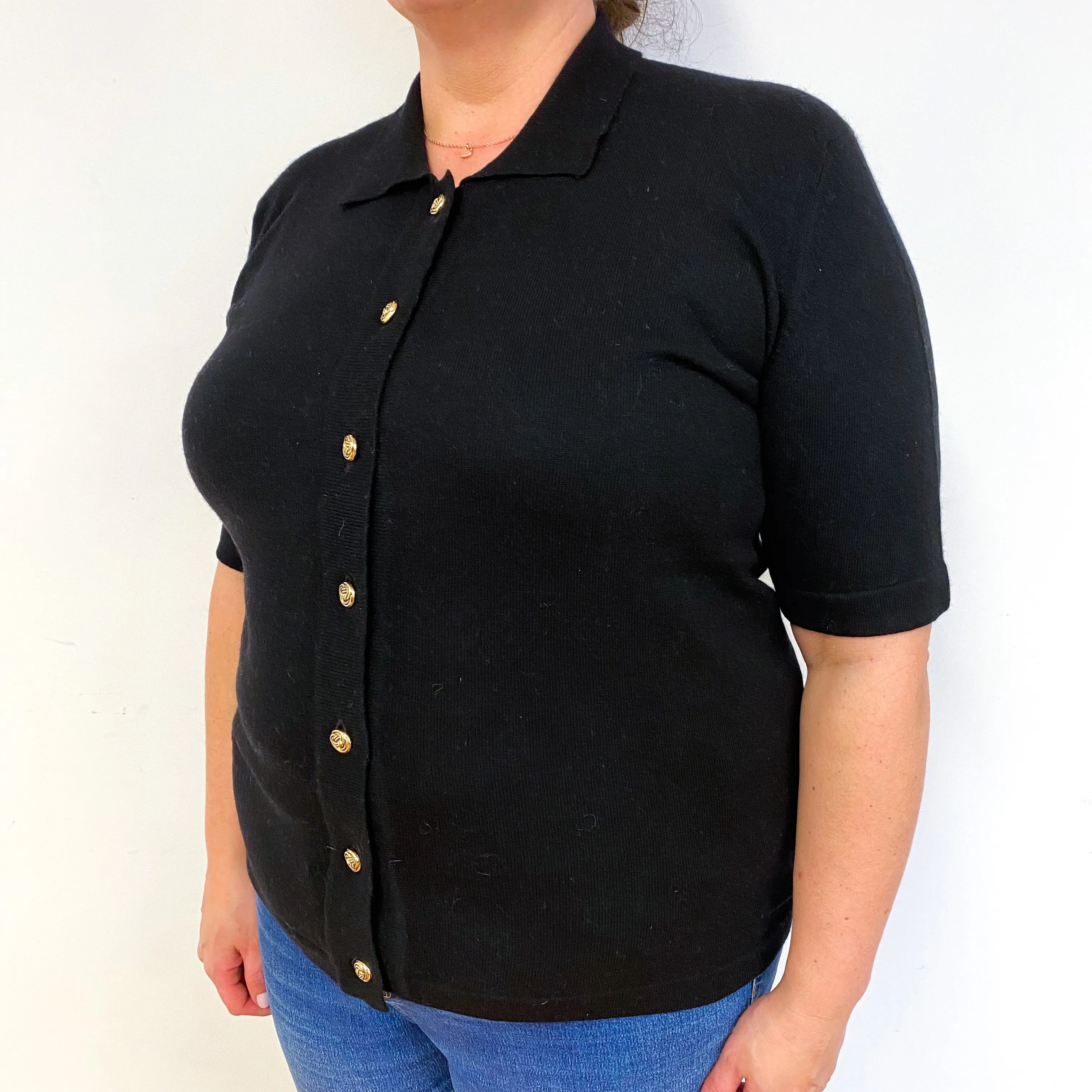 Black Short Sleeve Cashmere Collared Cardigan Extra Large