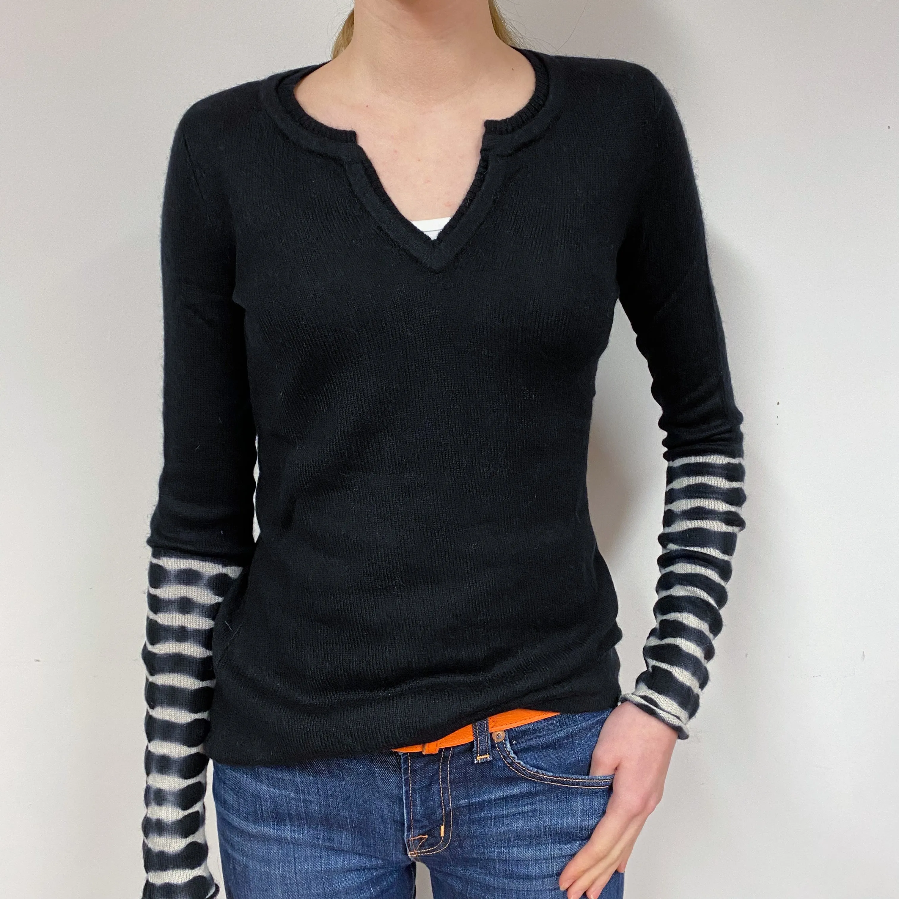 Black Striped Sleeve Cashmere V-Neck Jumper Extra Small