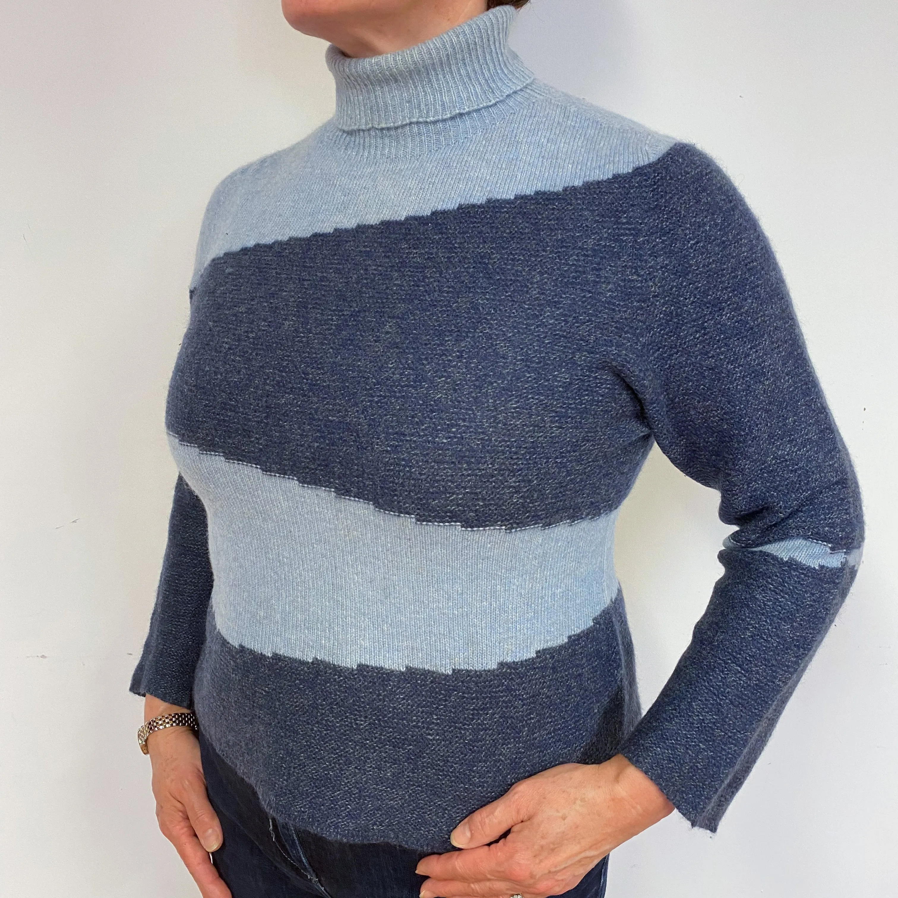 Blue Colour Block Cashmere Polo Neck Jumper Large