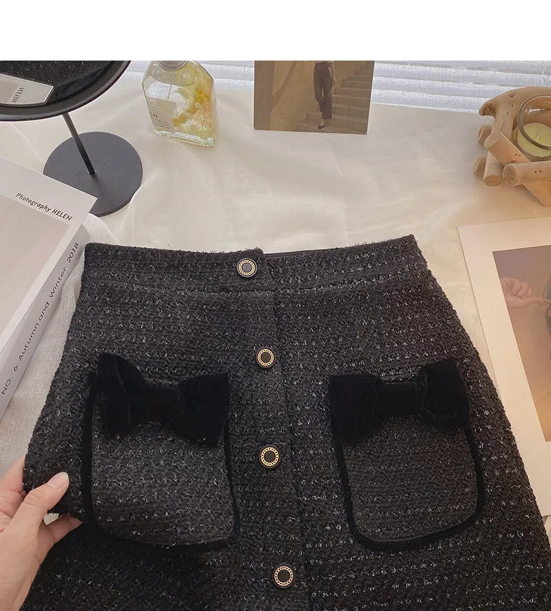 Bow high waist single breasted Plaid A-line skirt  5622