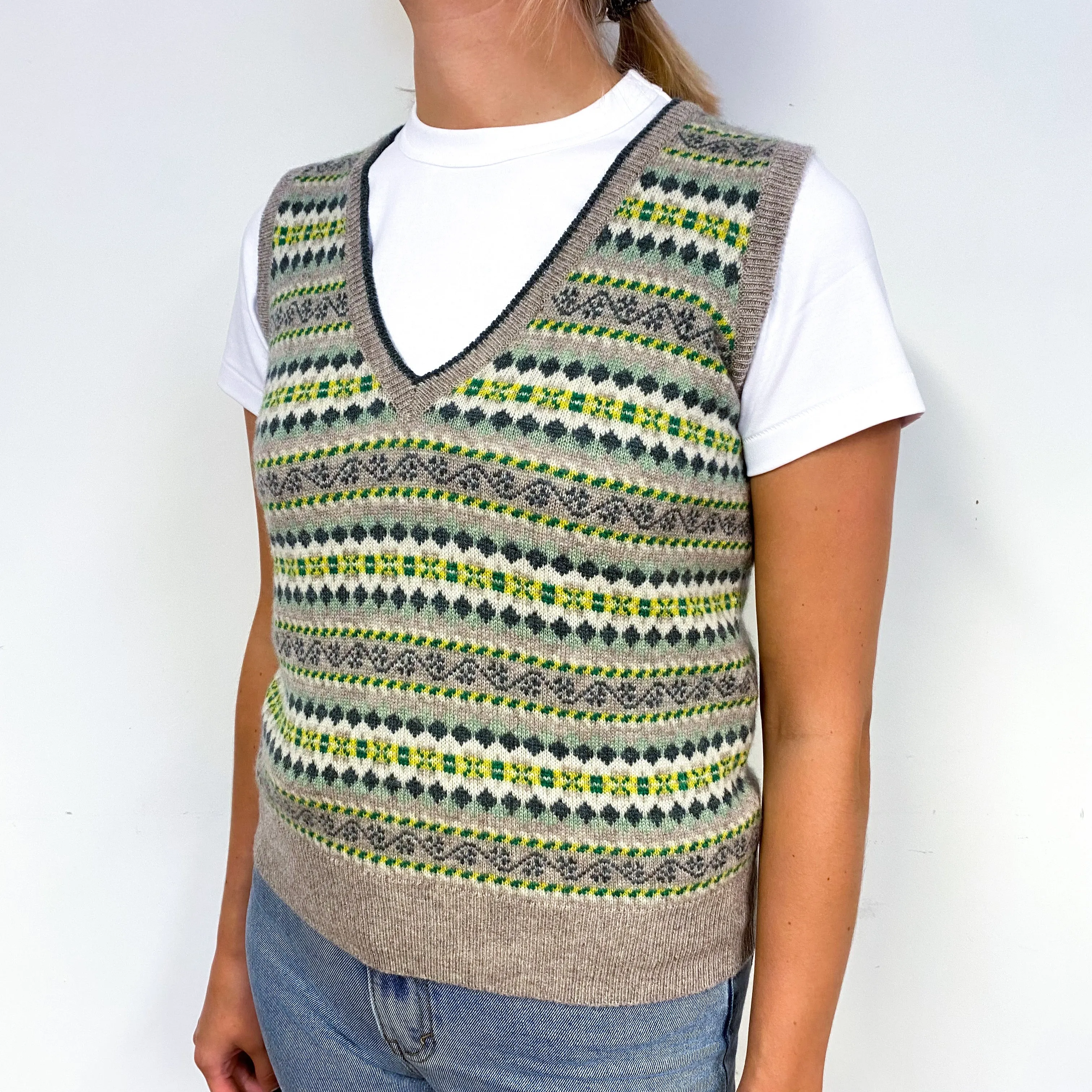 Brora Fawn Green Fair Isle Cashmere V-Neck Tank Top Small