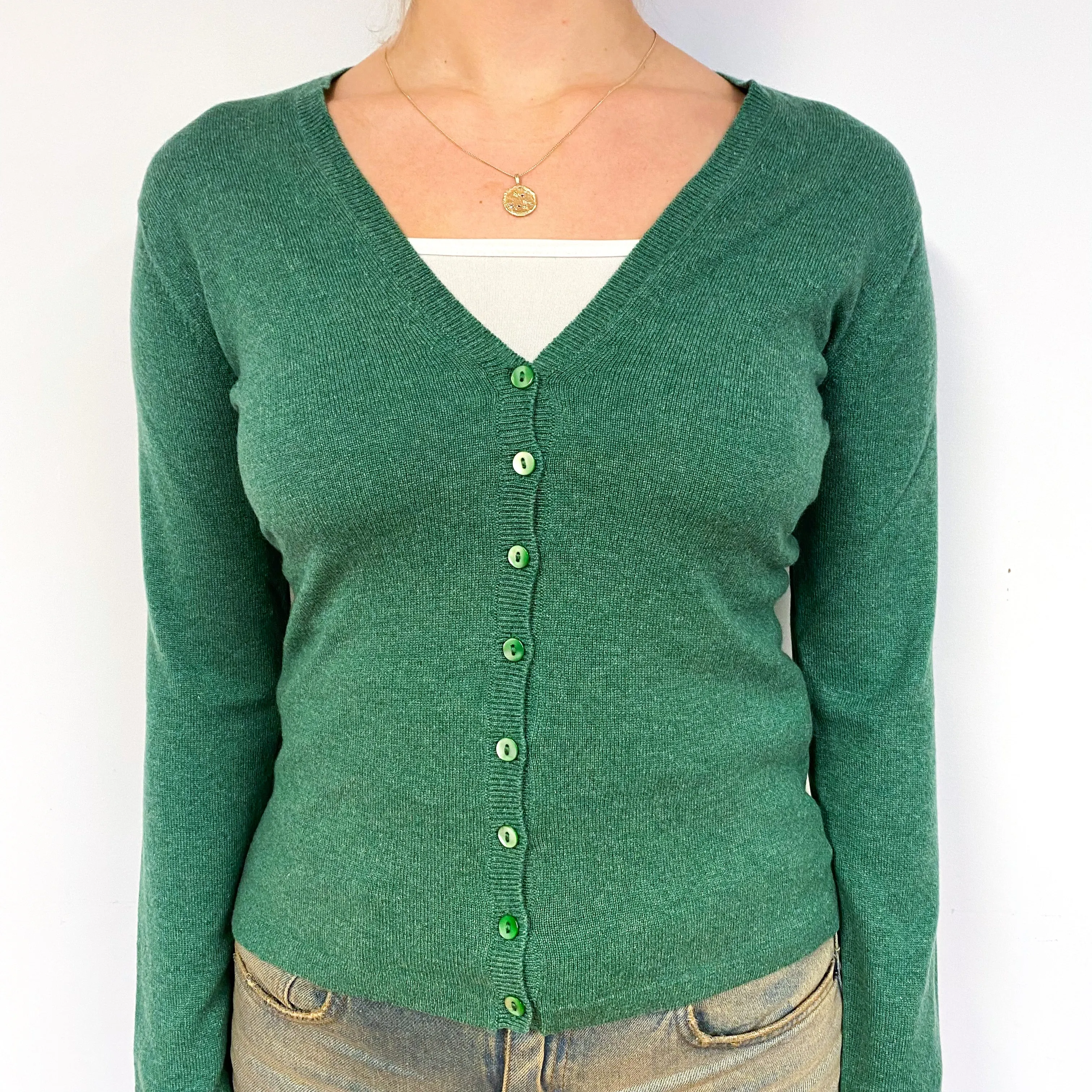 Brora Grass Green Cashmere V-Neck Cardigan Small