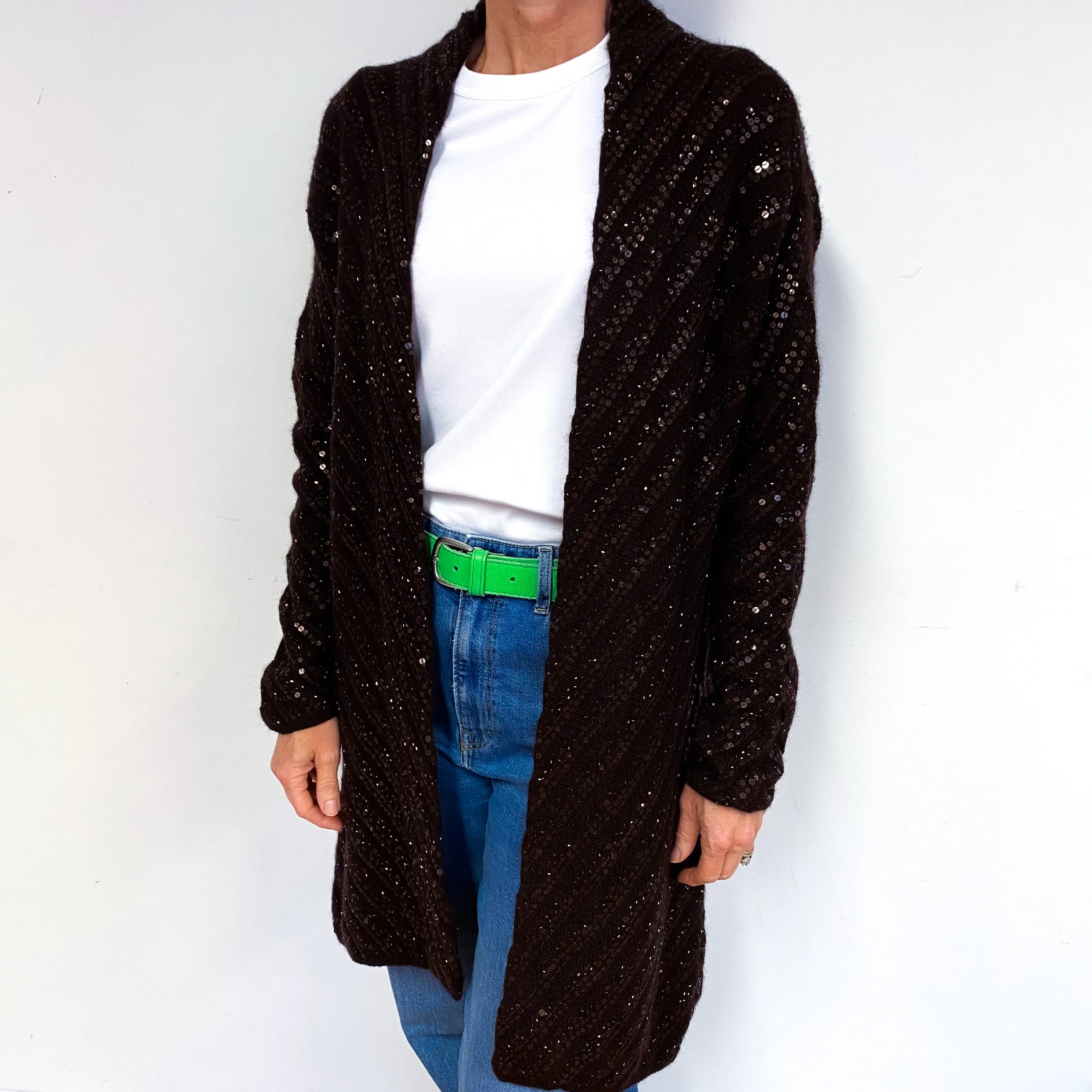 Brown Sequinned Chunky Cashmere Edge to Edge Cardigan Medium