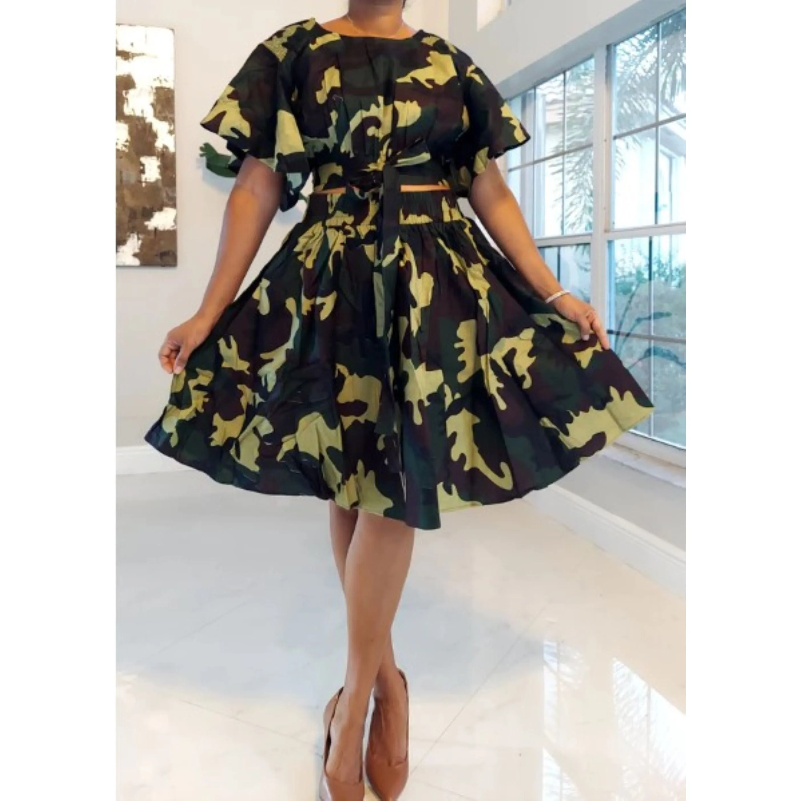Camouflage Crop Top with Elastic Waist Short Skirt and Headwrap