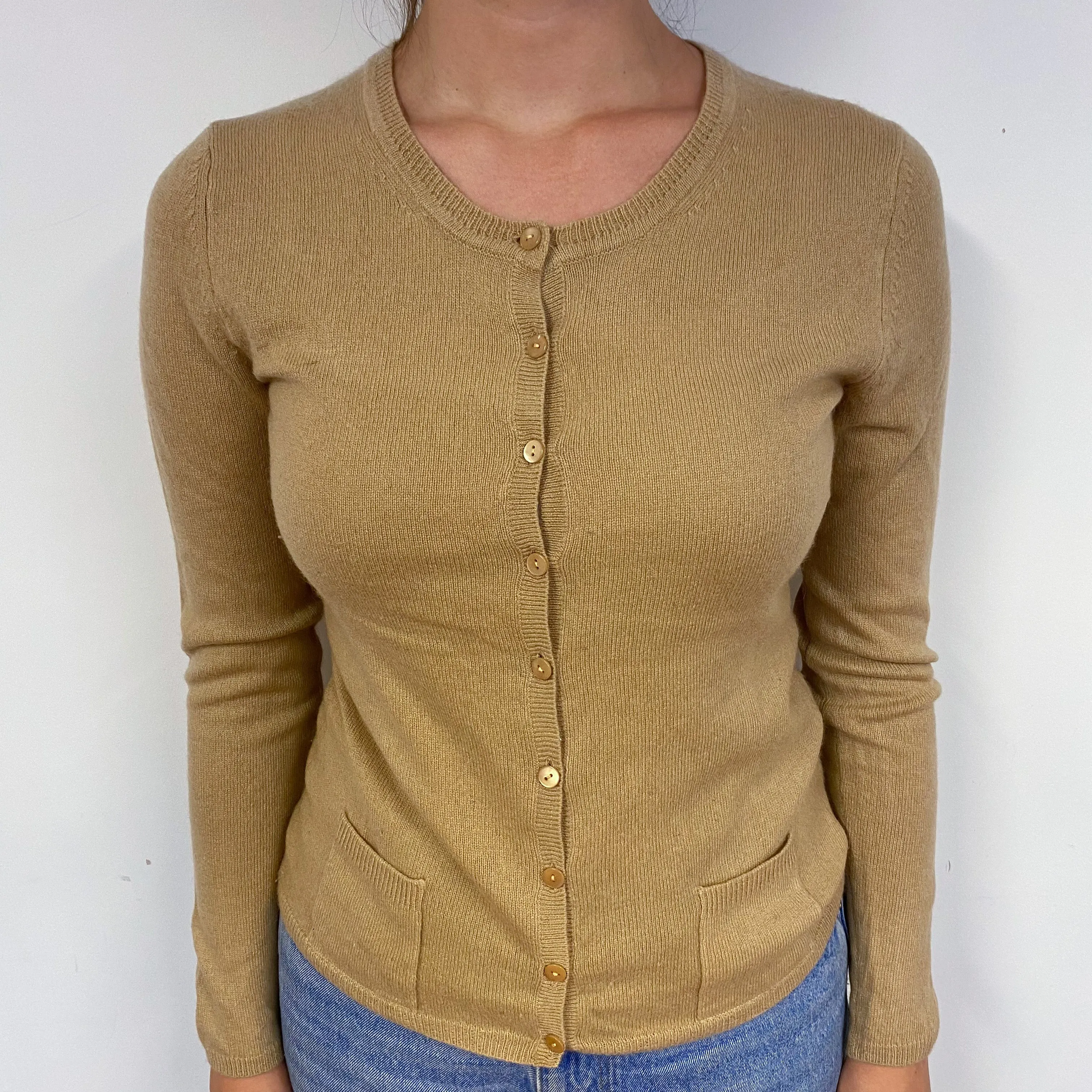 Caramel Beige Crew Neck Cashmere Cardigan