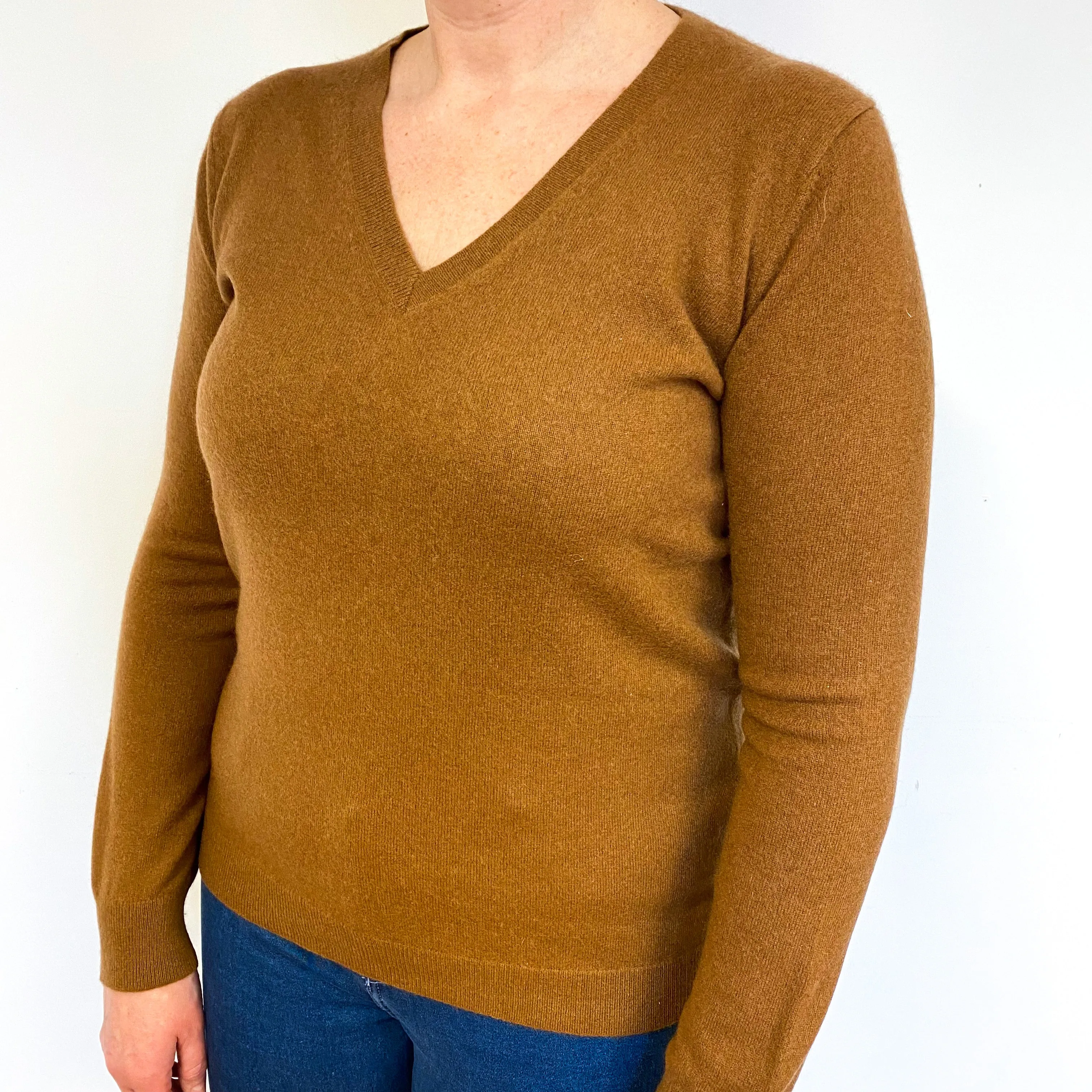 Chestnut Brown Cashmere V-Neck Jumper Large