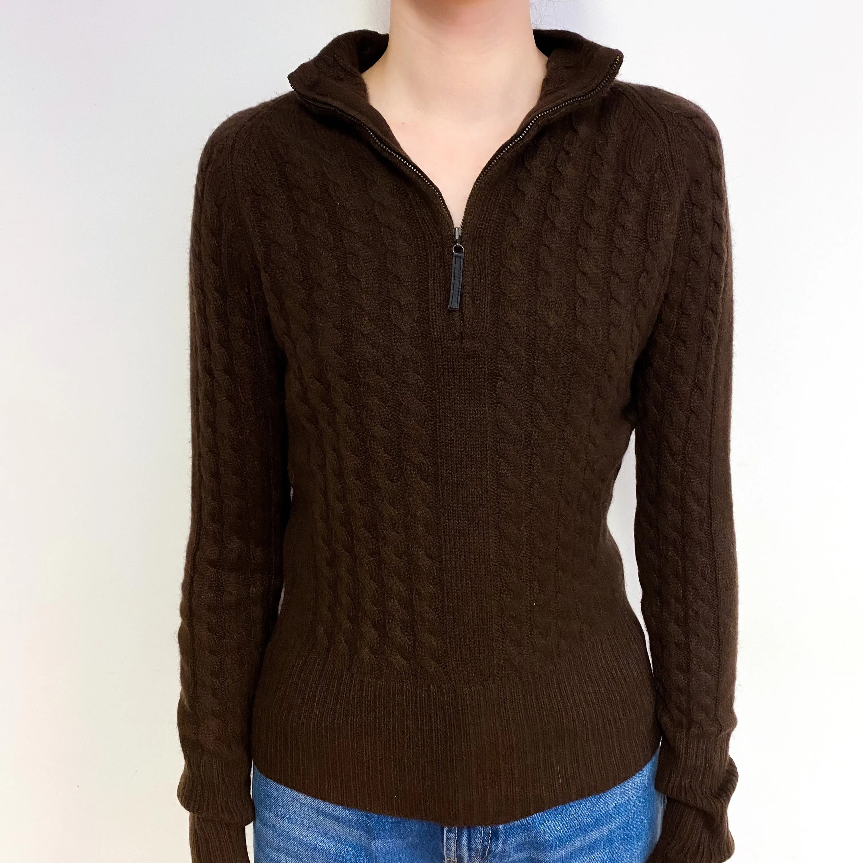 Chocolate Brown Cable Cashmere Zip Up Cardigan Extra Small