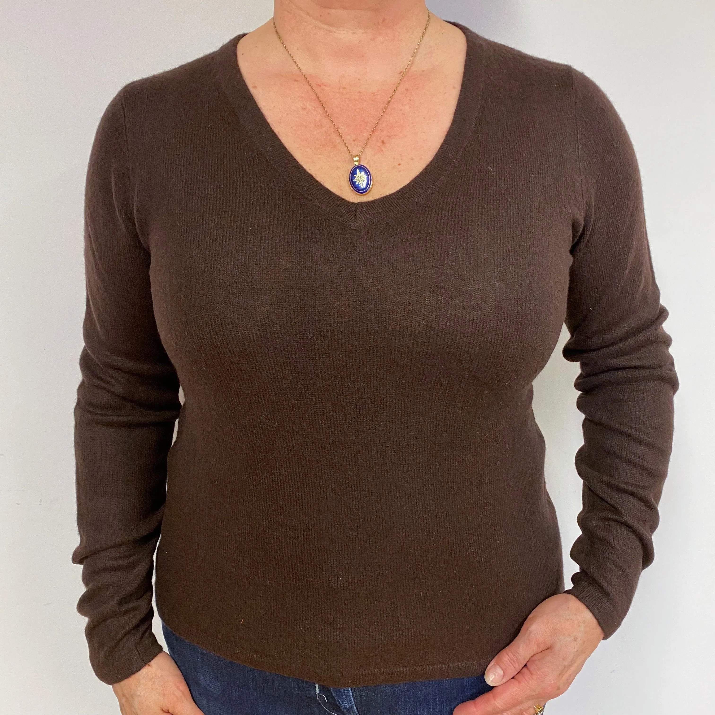 Chocolate Brown Cashmere V-Neck Jumper Large