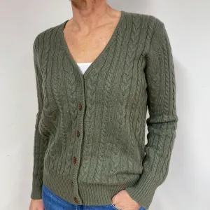 Chunky Khaki Green Cable Cashmere V-Neck Cardigan Medium