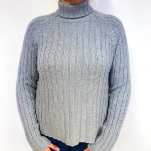 Chunky Soft Grey Ribbed Cashmere Polo Neck Jumper Large