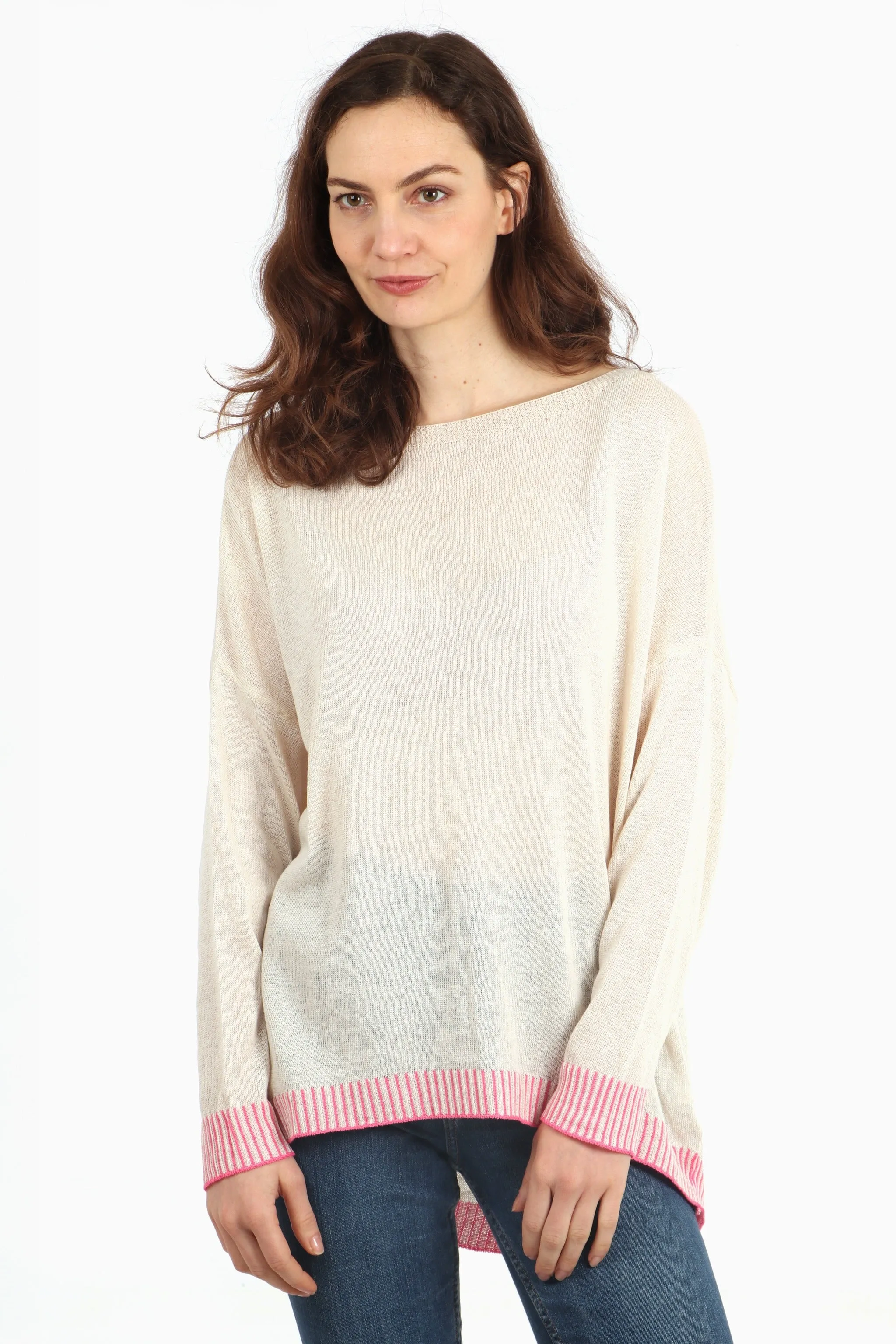 Contrast Stitch Boat-neck Cotton Jumper in Cream Fuchsia