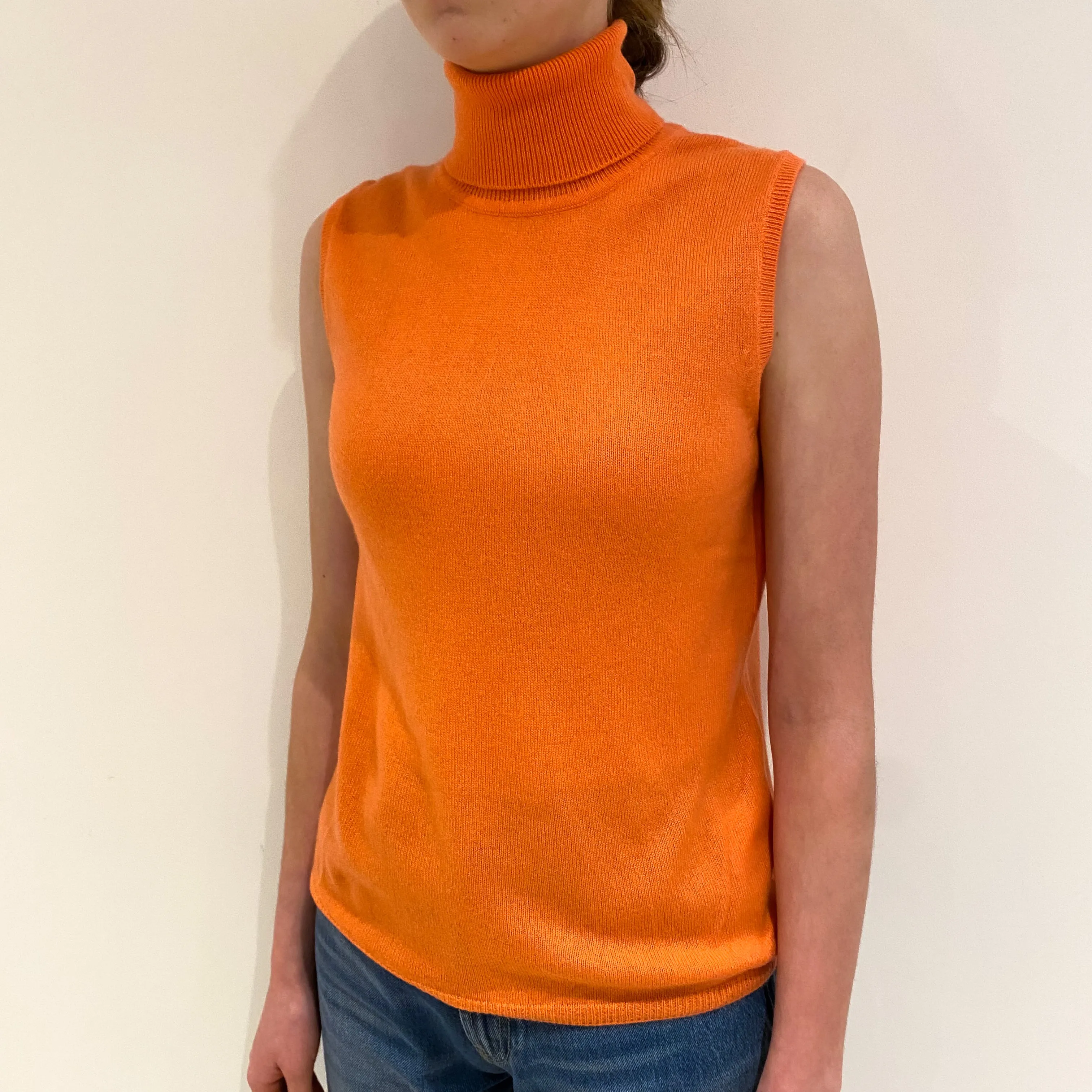 Crab Orange Cashmere Sleeveless Polo Neck Jumper Extra Small