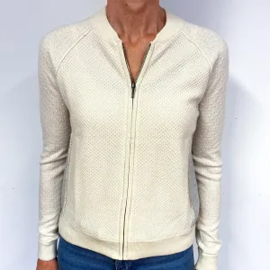 Cream Grey Textured Cashmere Zip Front Cardigan Medium
