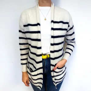 Cream Navy Striped Cashmere Edge to Edge Cardigan Small