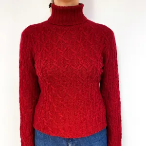 Crimson Red Chunky Cable Cashmere Polo Neck Jumper Small