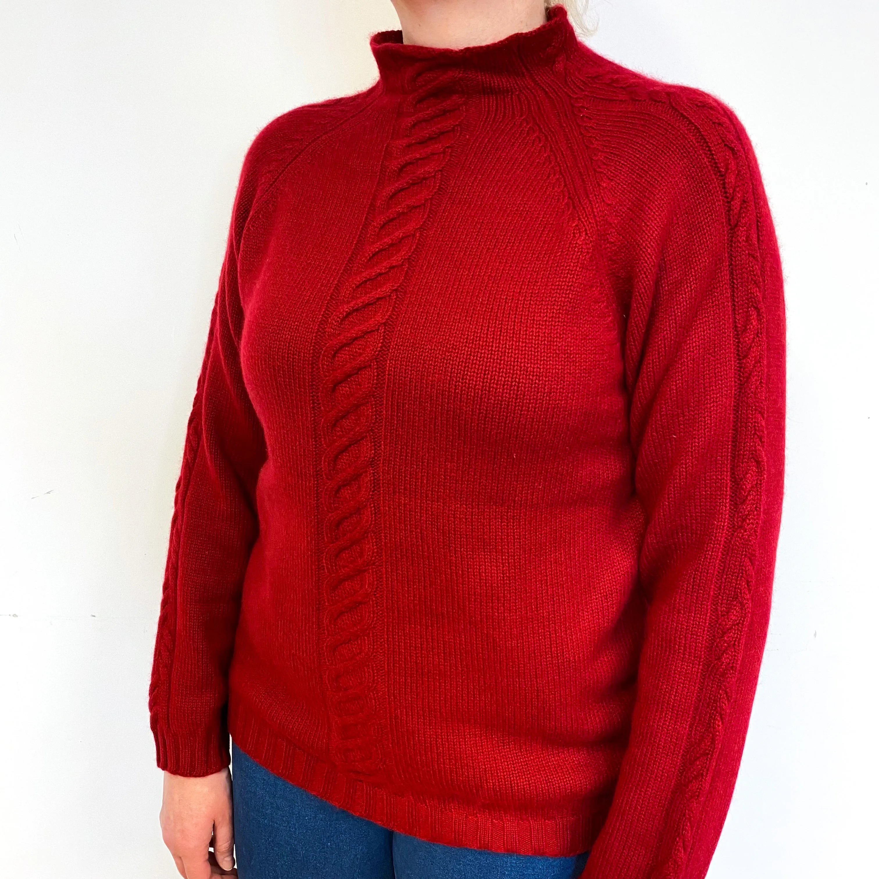 Crimson Red Chunky Cashmere Turtle Neck Jumper Large
