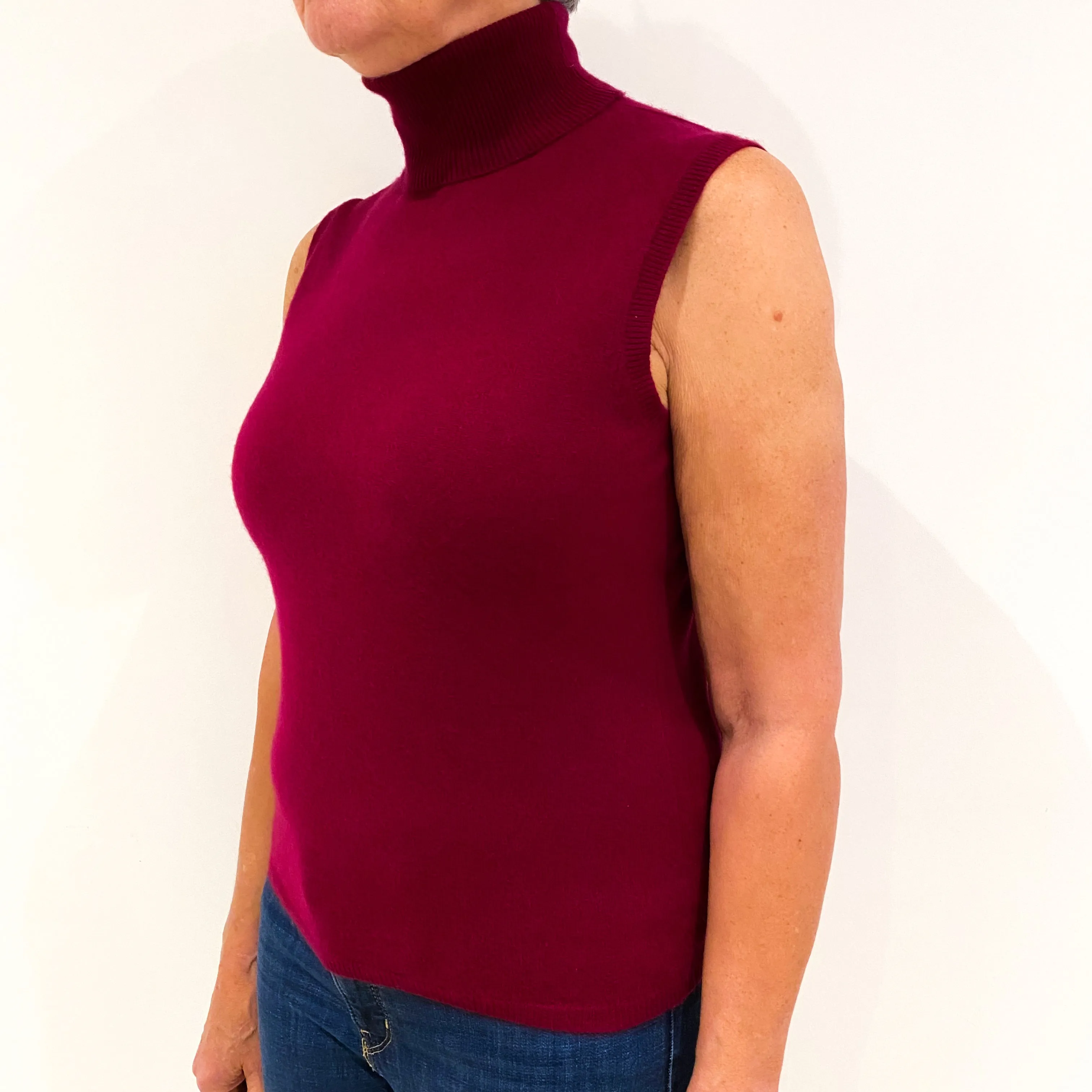 Crimson Red Sleeveless Cashmere Polo Neck Jumper Medium
