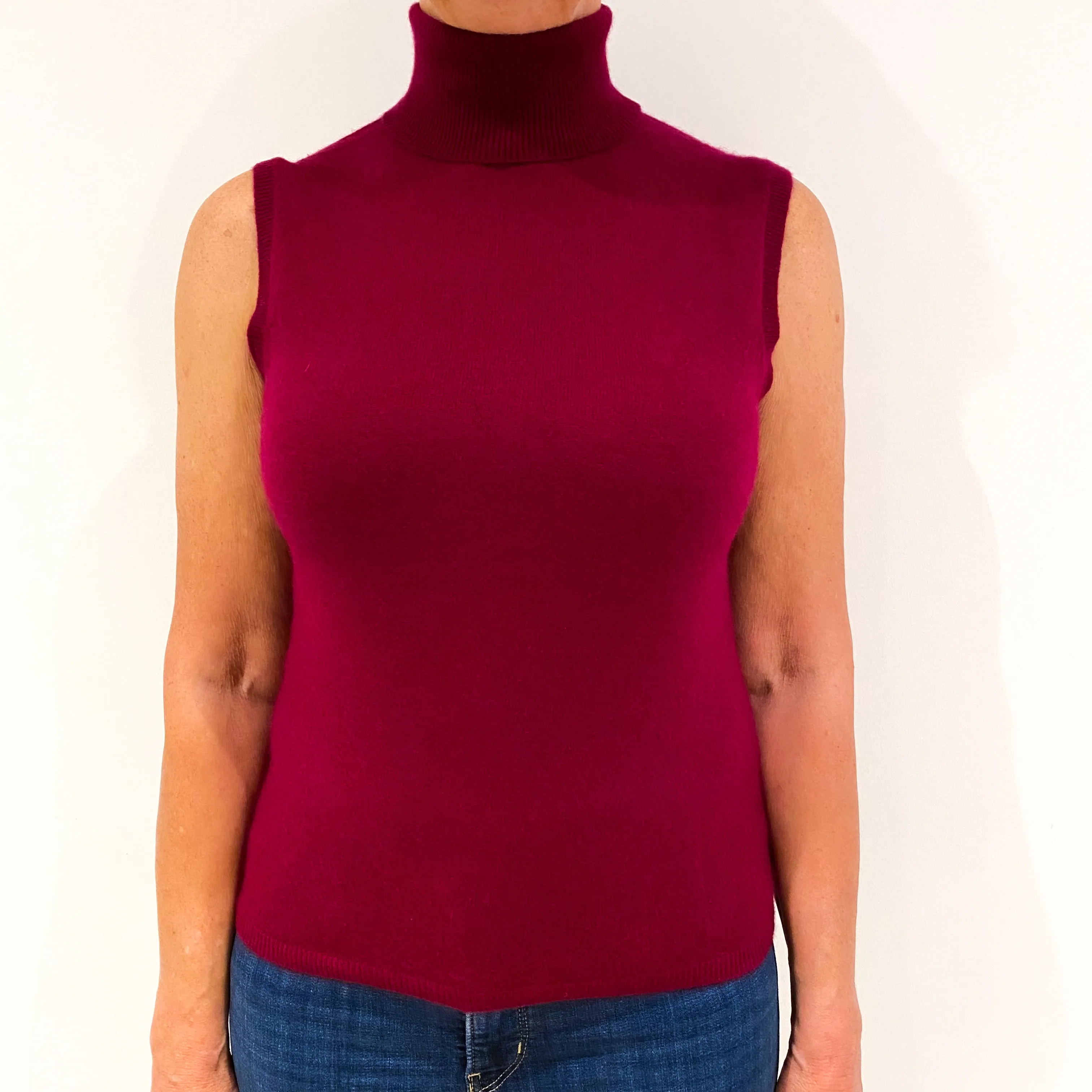 Crimson Red Sleeveless Cashmere Polo Neck Jumper Medium