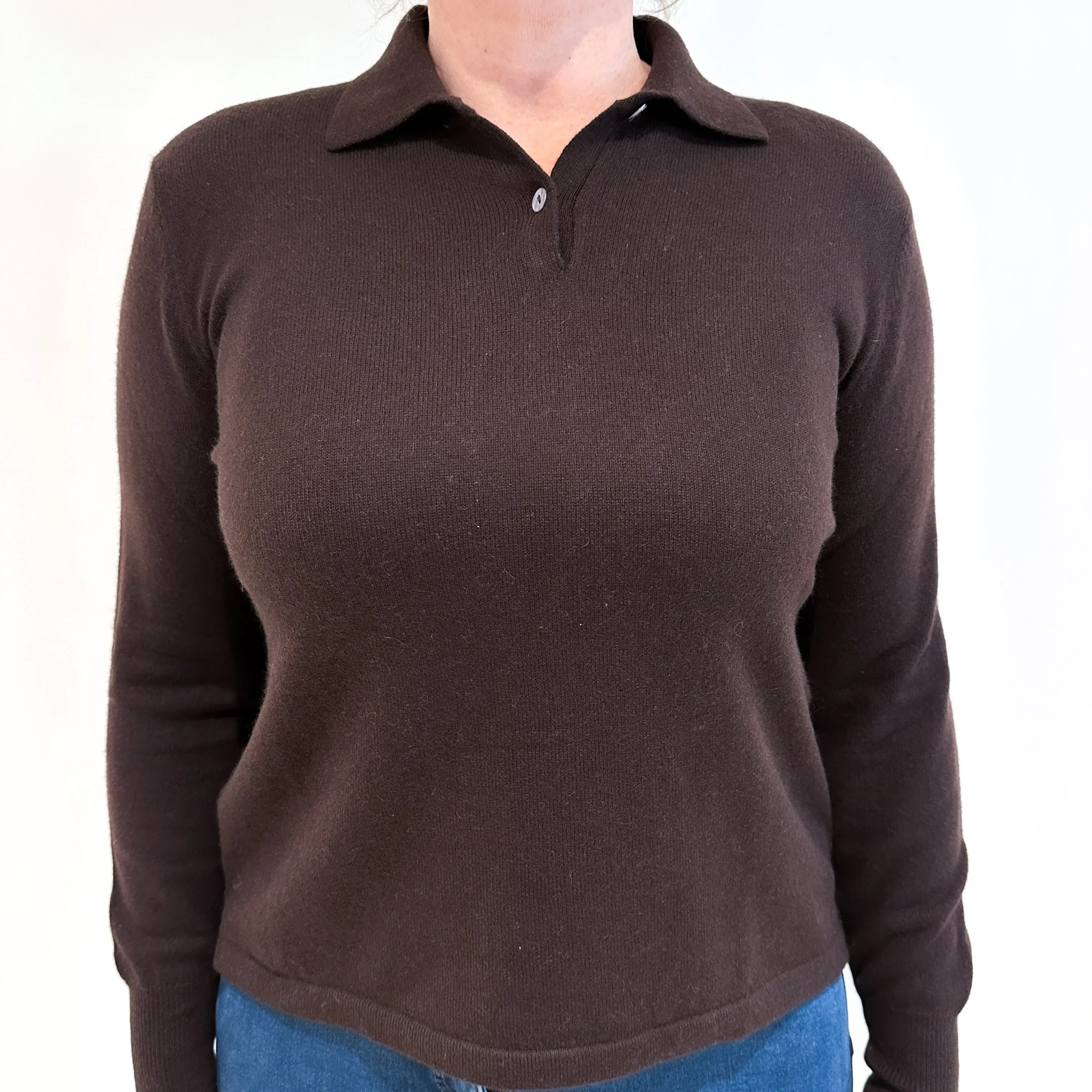 Dark Chocolate Brown Cashmere Collared 1/4 Button Jumper Large