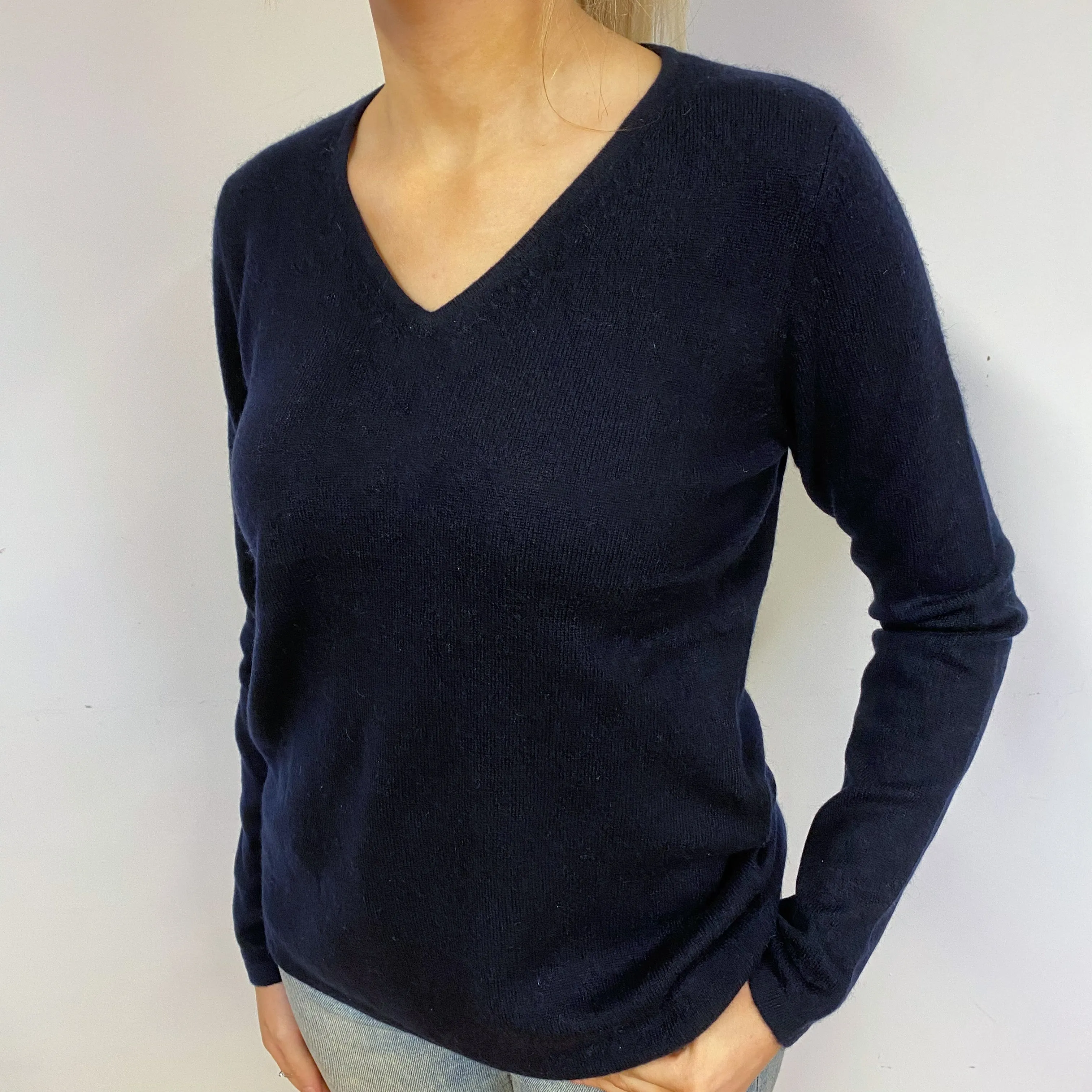 Dark Navy Blue Cashmere V-Neck Jumper Small