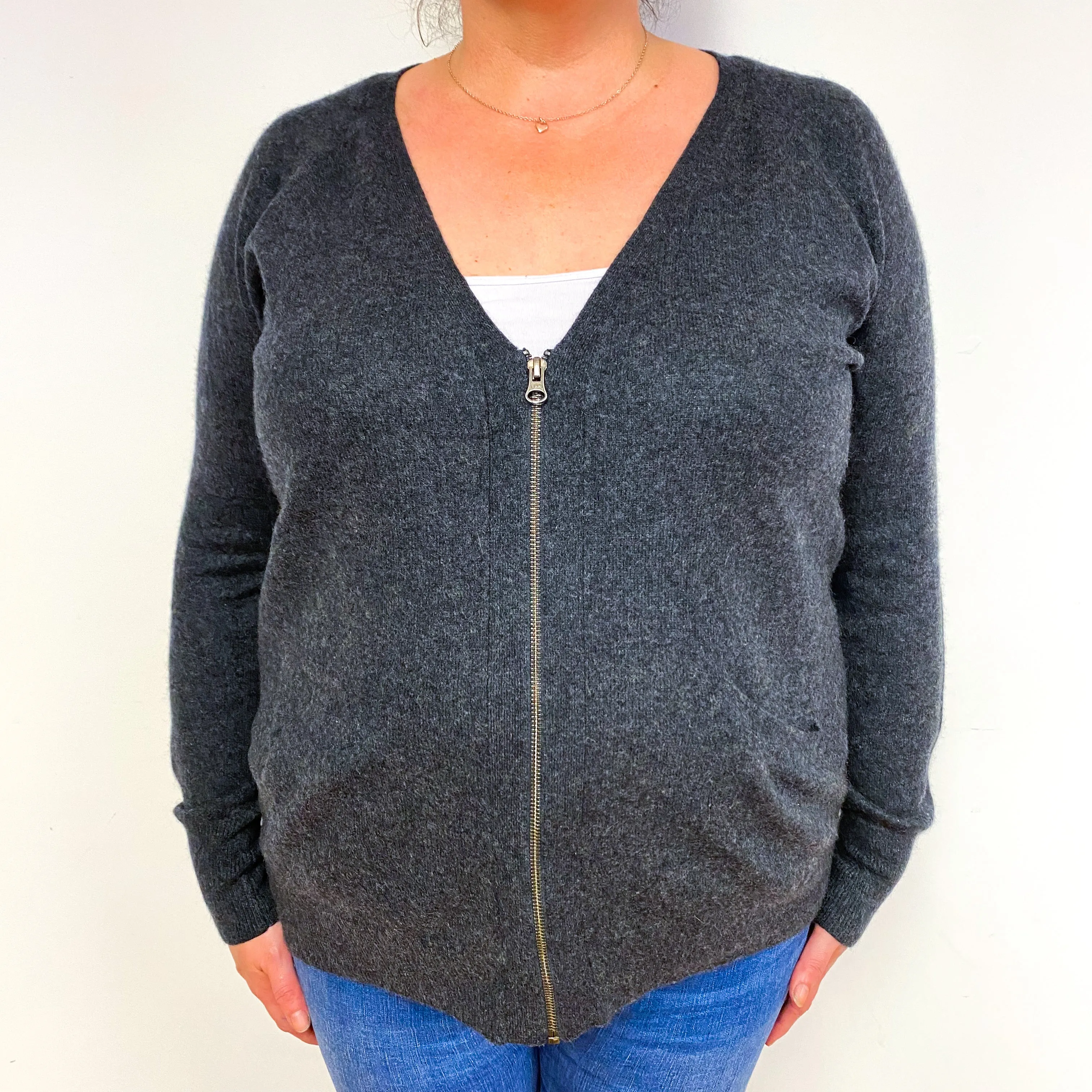 Dark Slate Grey Cashmere Zip V-Neck Cardigan Extra Large