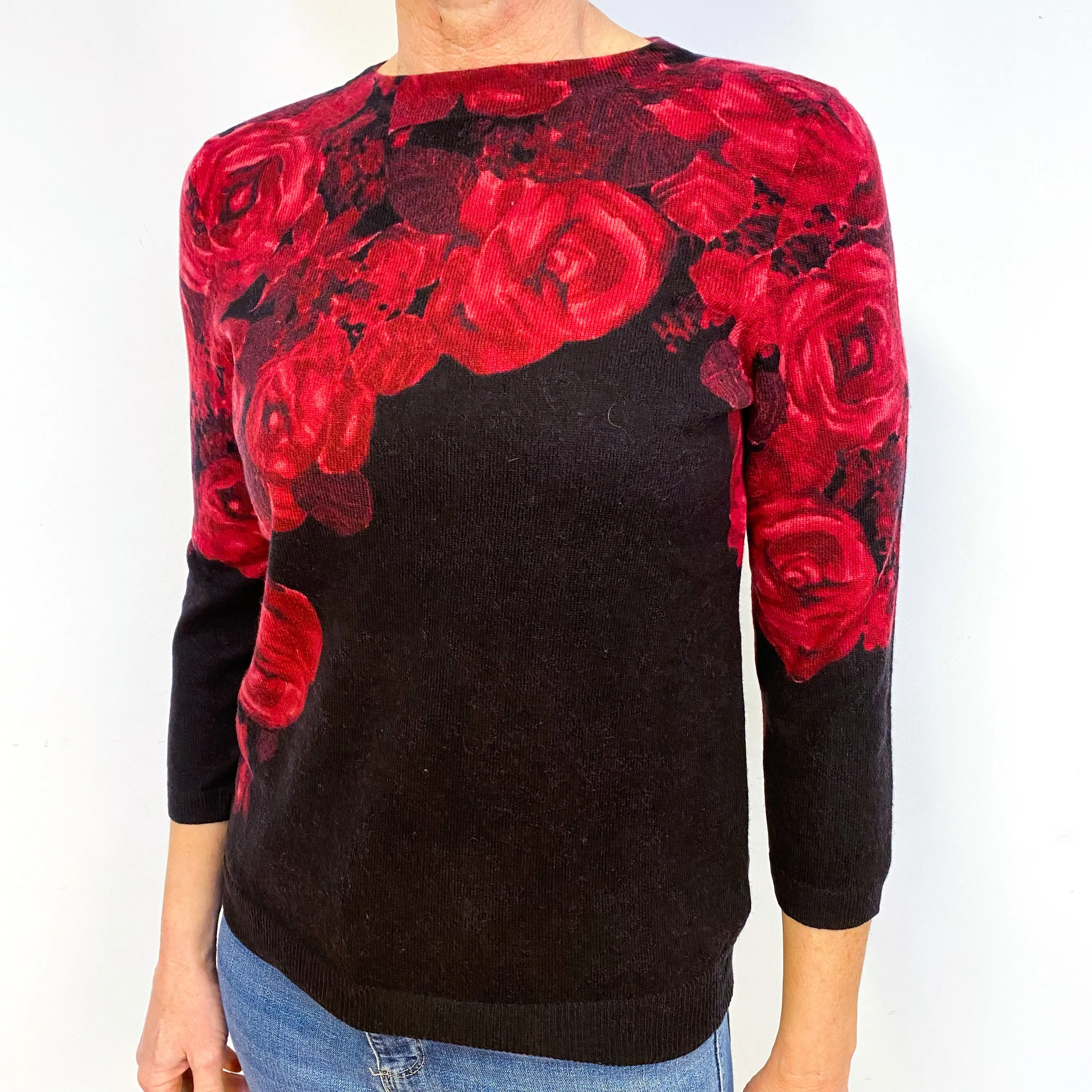 Darkest Brown Red Floral Cashmere Crew Neck Jumper Medium