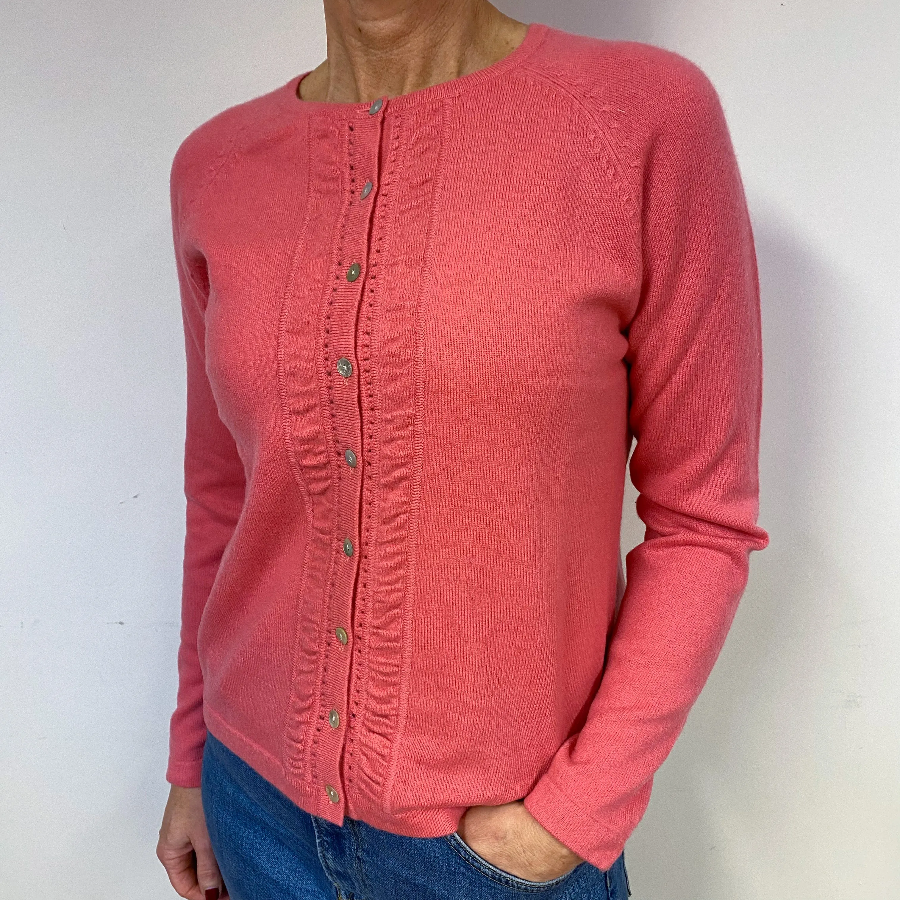 Deep Coral Pink Cashmere Crew Neck Cardigan Medium