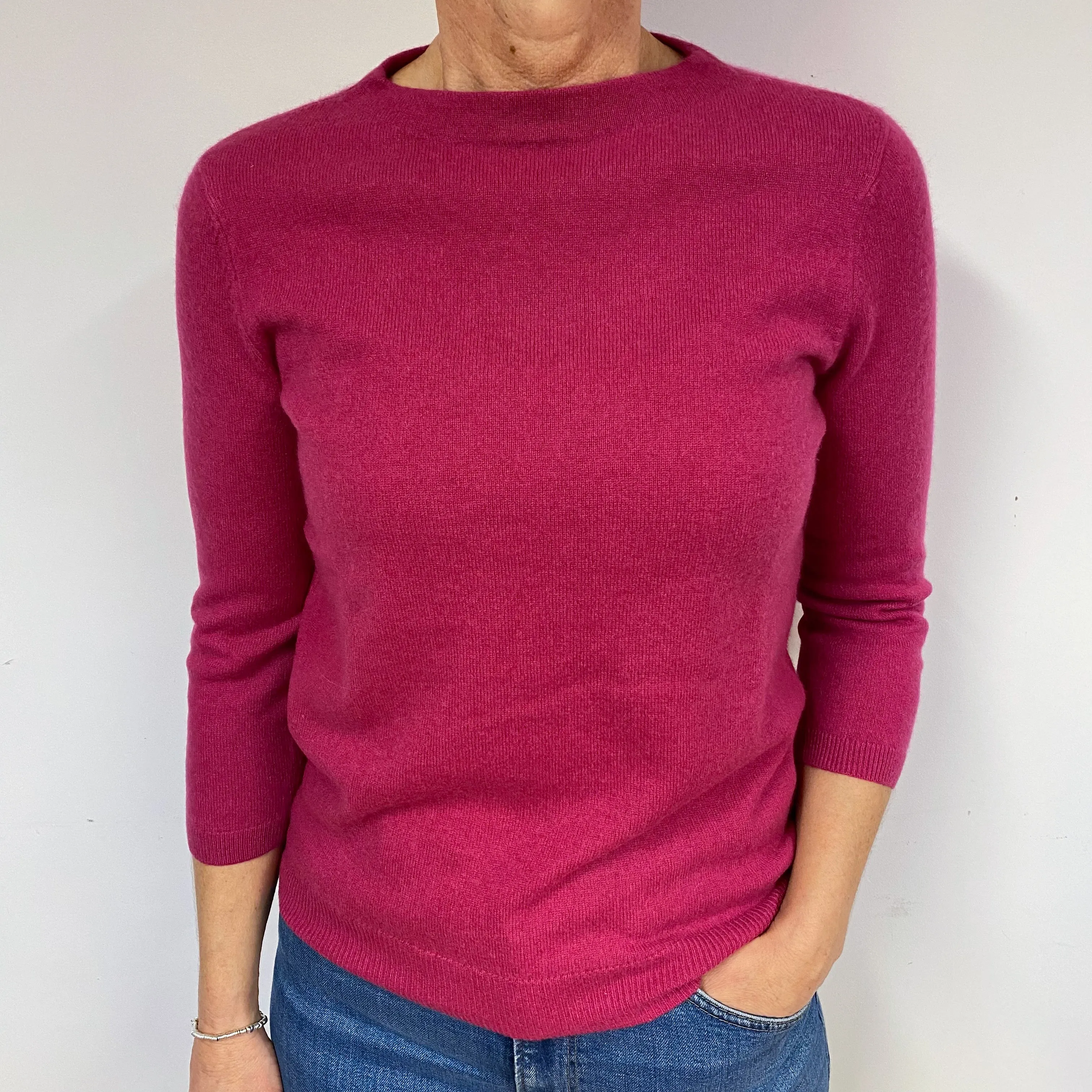 Deep Fuchsia Pink Cashmere Crew Neck Jumper Medium