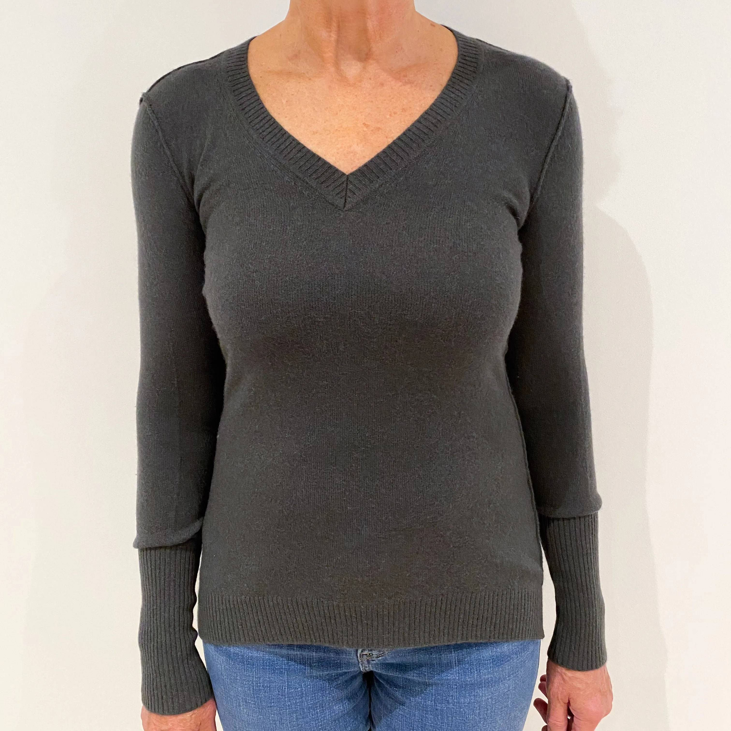 Deep Khaki Green Cashmere V-Neck Jumper Medium