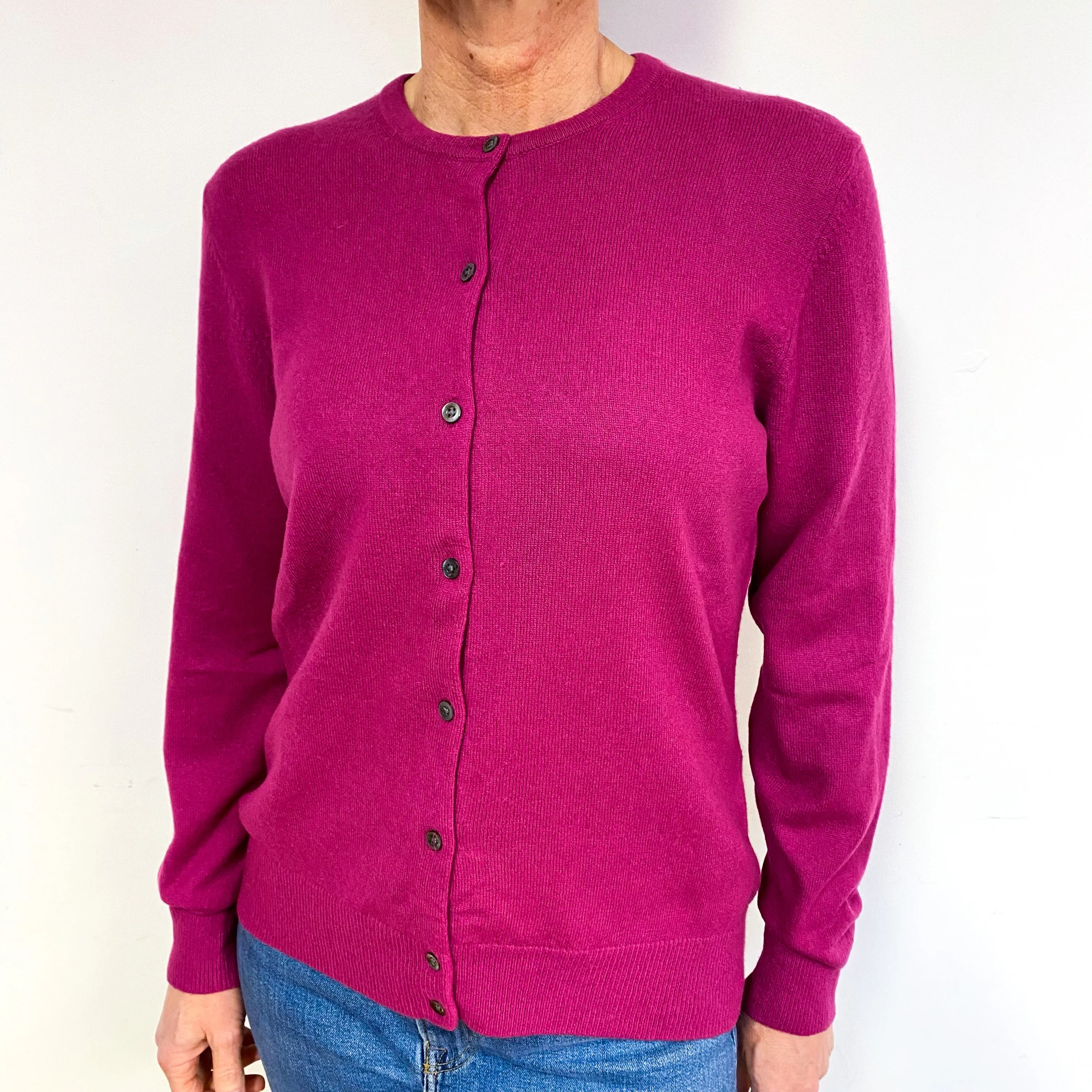 Deep Magenta Pink Cashmere Crew Neck Cardigan Medium
