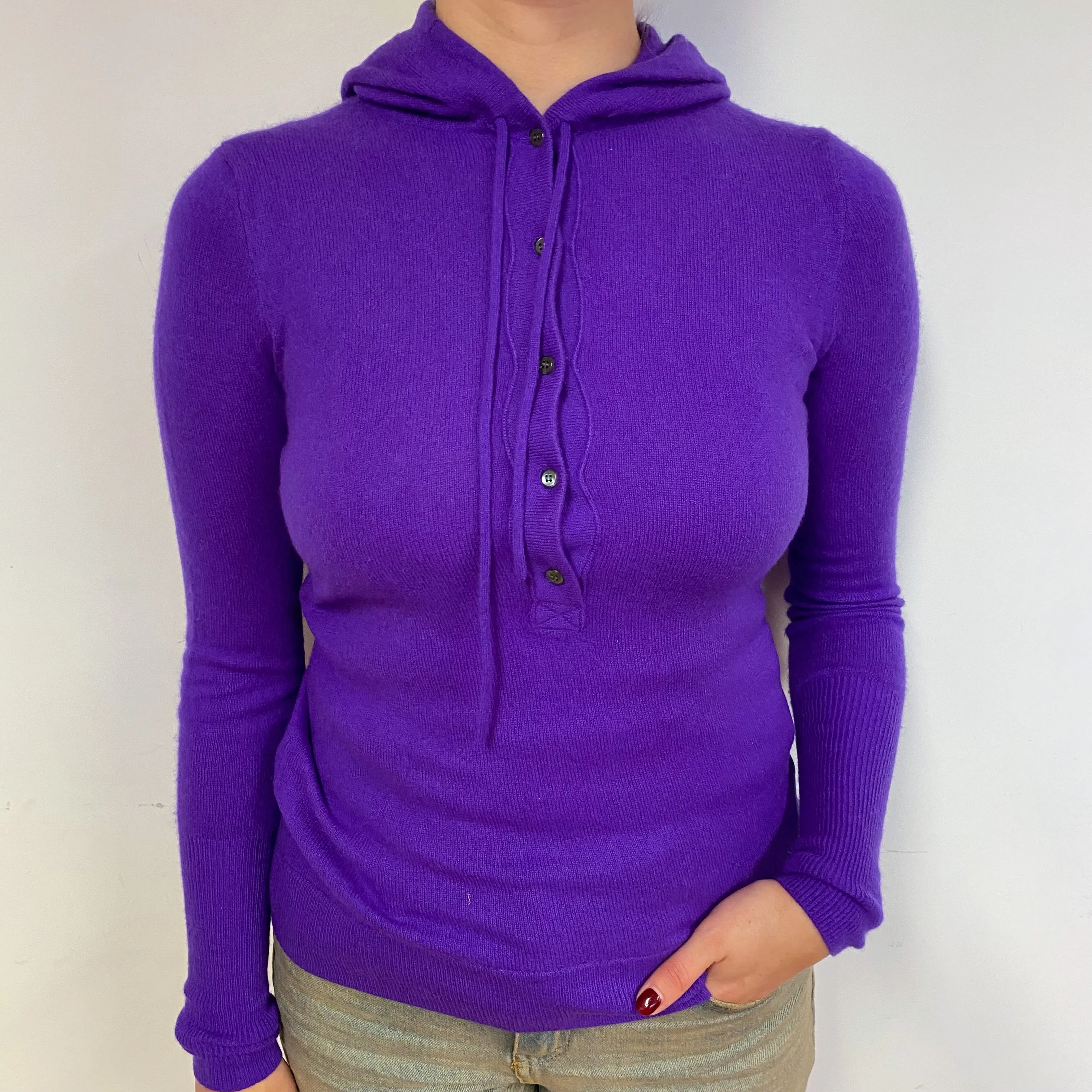 Electric Purple Cashmere Buttoned Hoodie Jumper Small