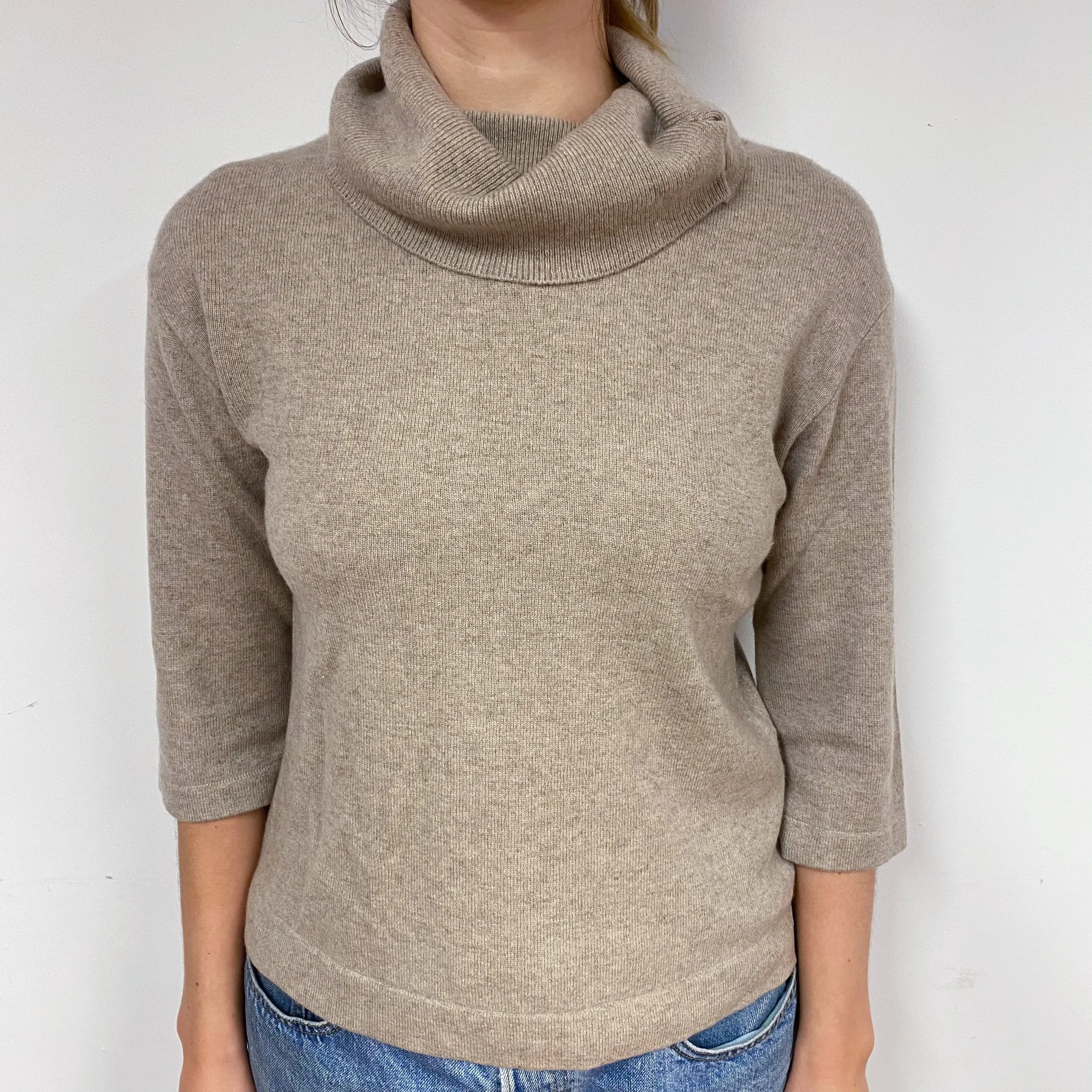 Fawn Beige Cashmere Polo Neck Jumper Small