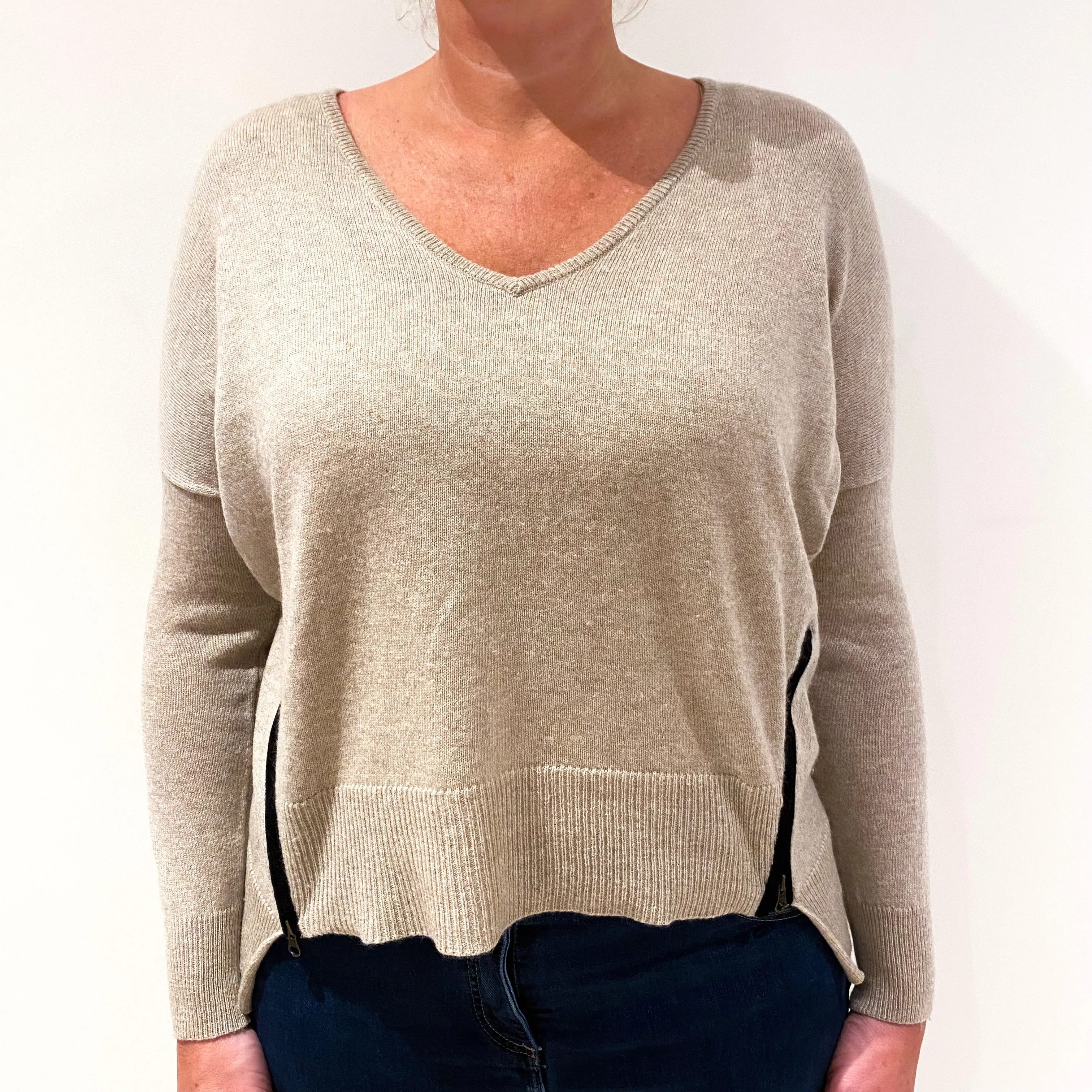 Fawn Beige Side Zips Cashmere V-Neck Jumper Large