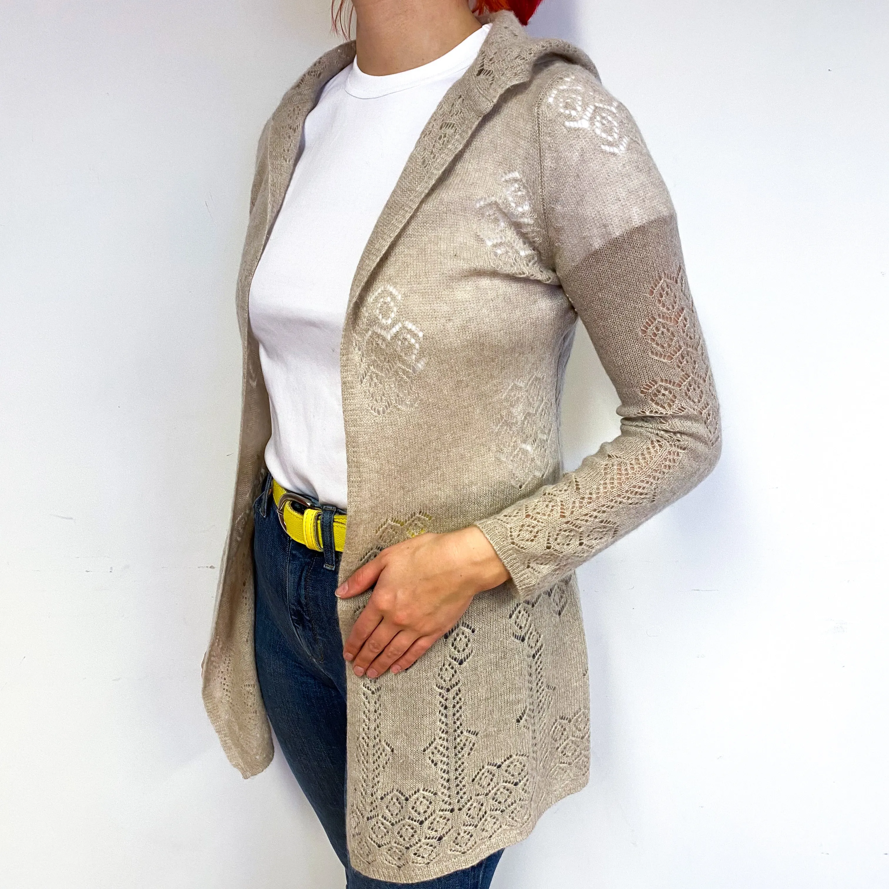 Fawn Brown Lace Cashmere Edge to Edge Cardigan Small