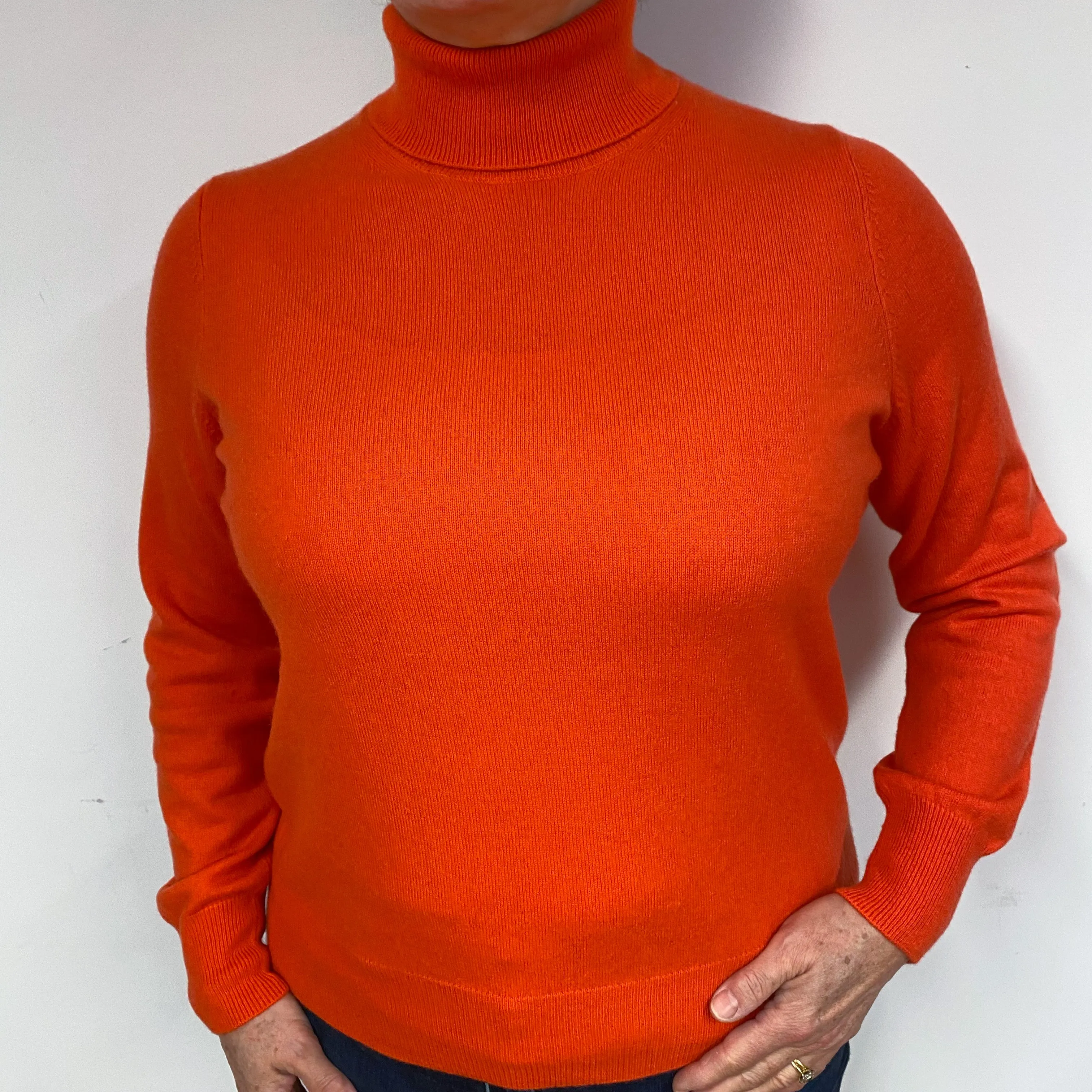 Fiery Orange Cashmere Polo Neck Jumper Large