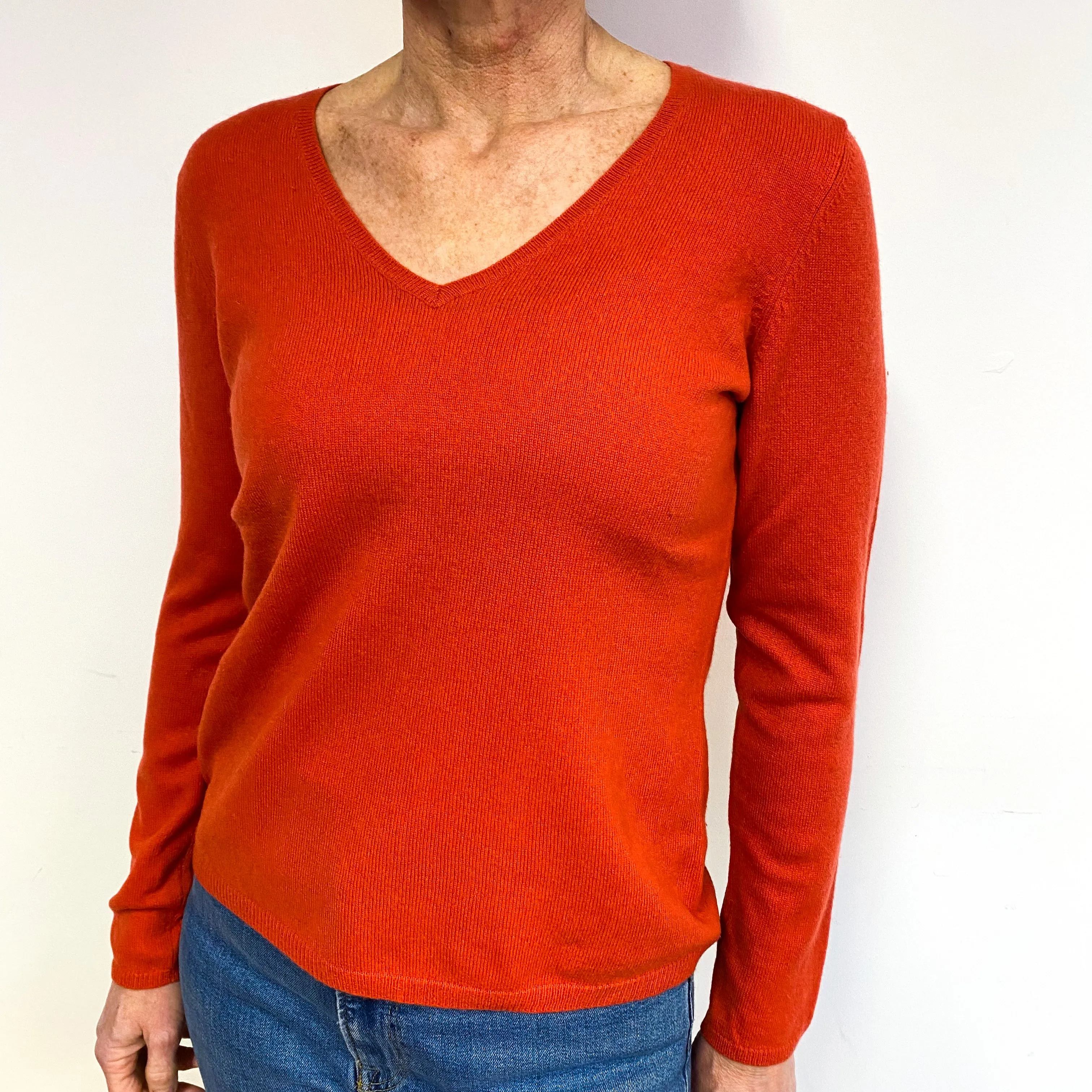 Fiery Orange Cashmere V-Neck Jumper Medium