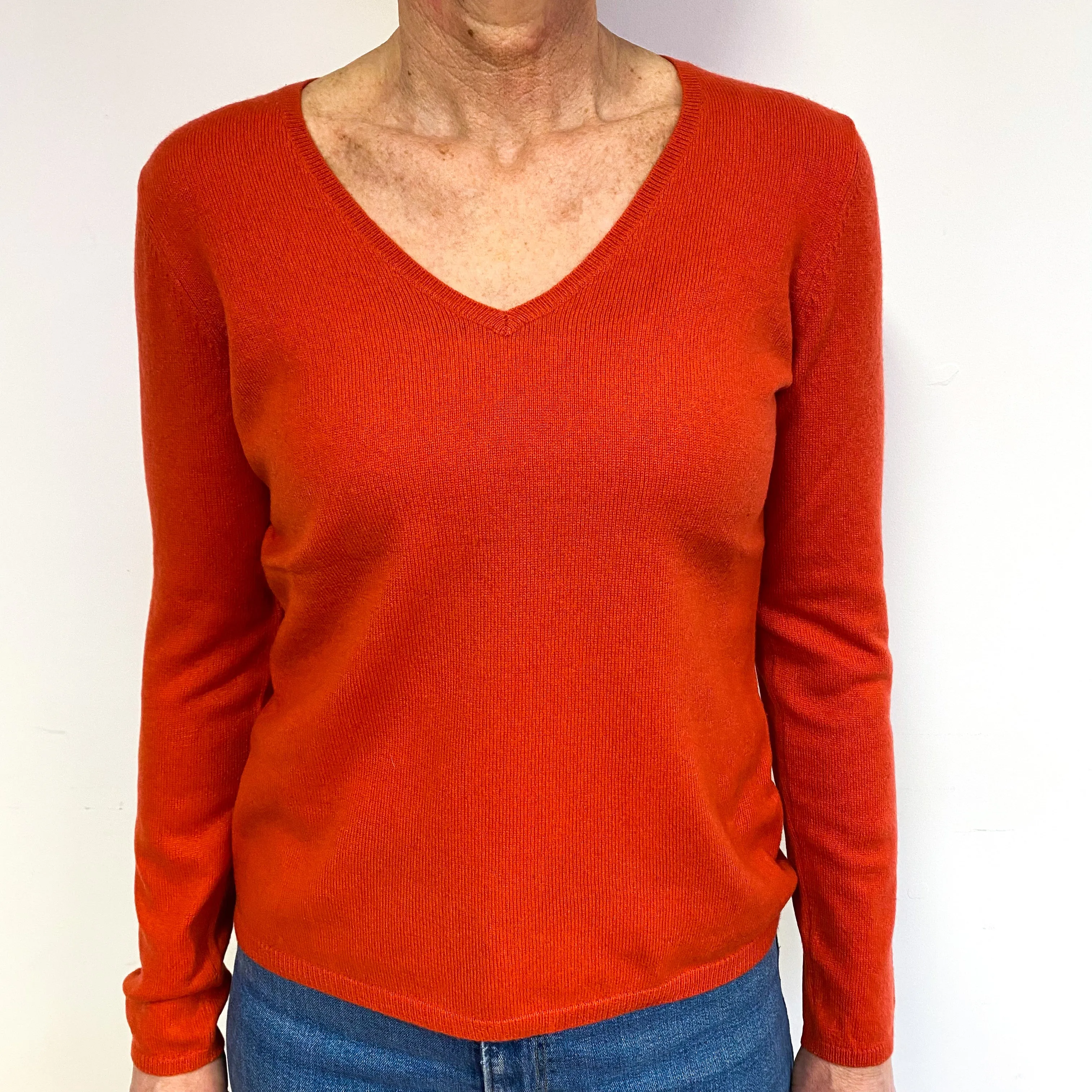 Fiery Orange Cashmere V-Neck Jumper Medium