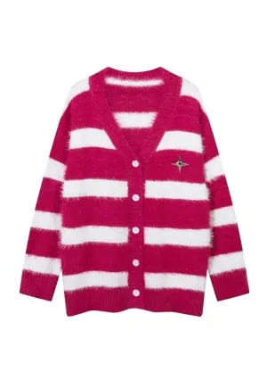 Fluffy striped cardigan fuzzy zebra jumper knitted top pink