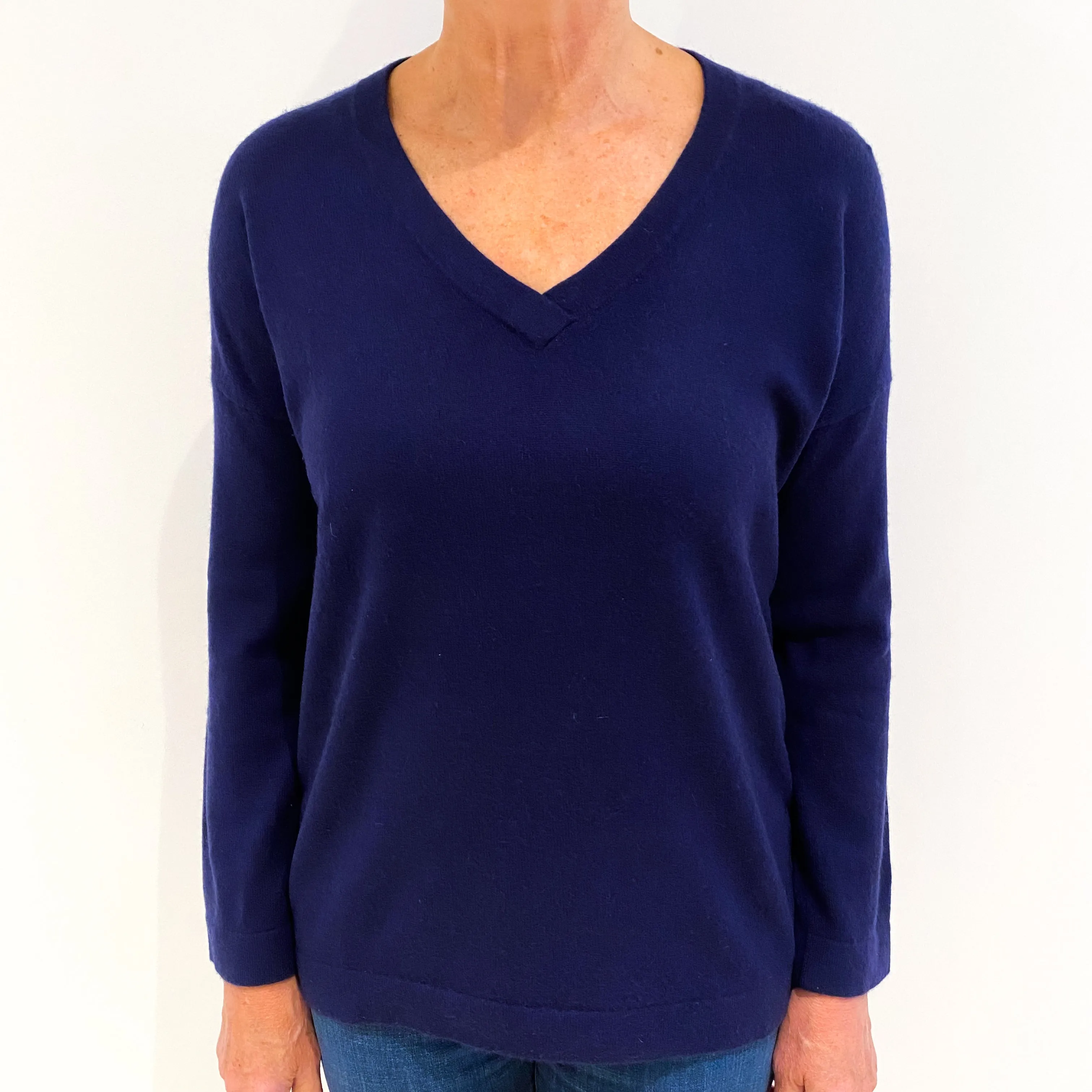 French Navy Blue Cashmere V-Neck Jumper Medium